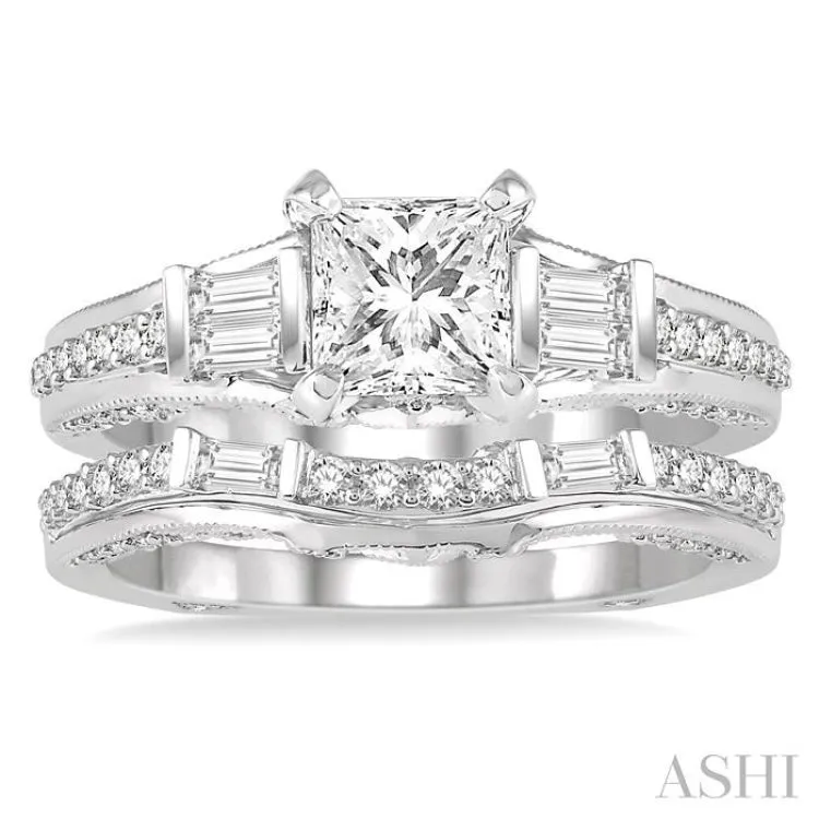 1 1/5 Ctw Diamond Wedding Set with 7/8 Ctw Princess Cut Engagement Ring and 1/3 Ctw Wedding Band in 14K White Gold