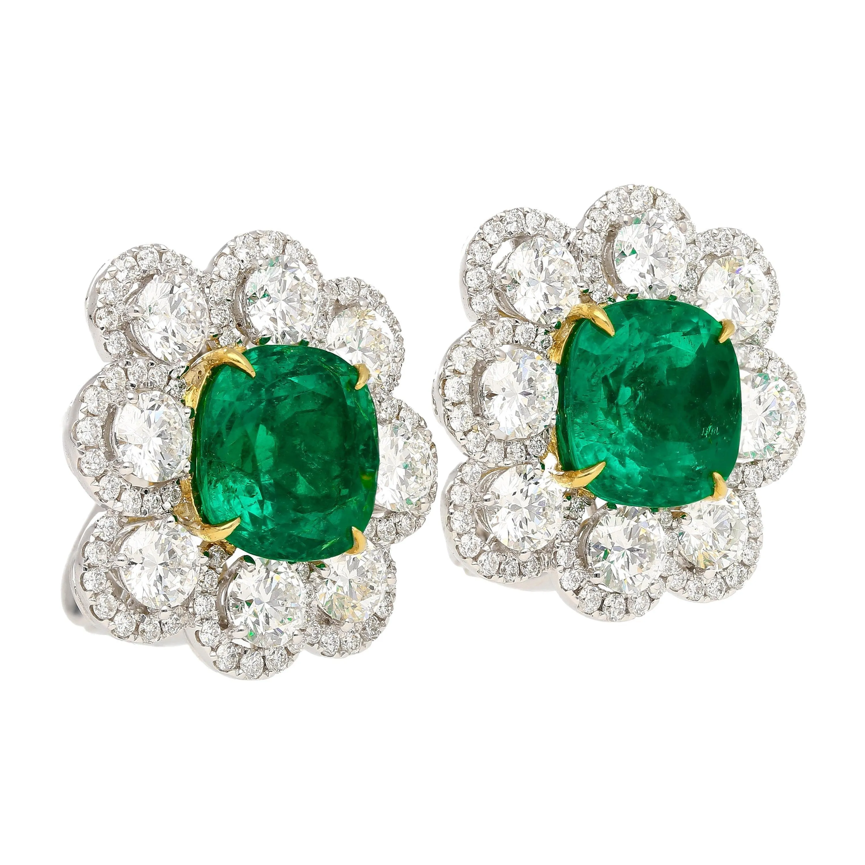 10 Carat Colombian Emerald GRS Certified Cushion Cut Minor Oil Diamond Earrings