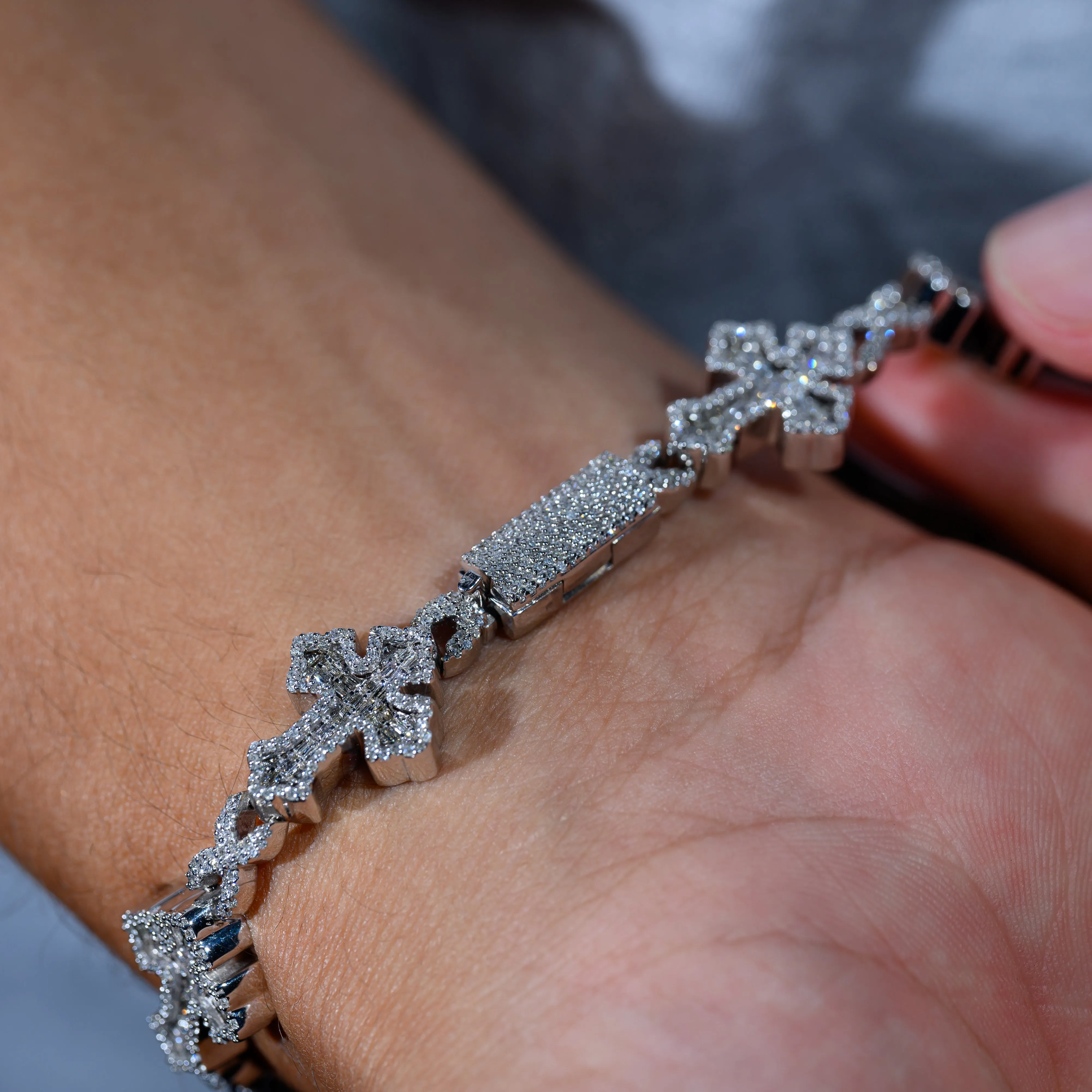 10k White Gold Diamond Baguette Cross Bracelet 2.90 ctw