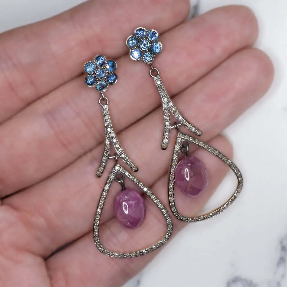 12ct NATURAL DIAMOND RUBY SAPPHIRE DANGLE EARRINGS BOHO STATEMENT DROP BLUE RED