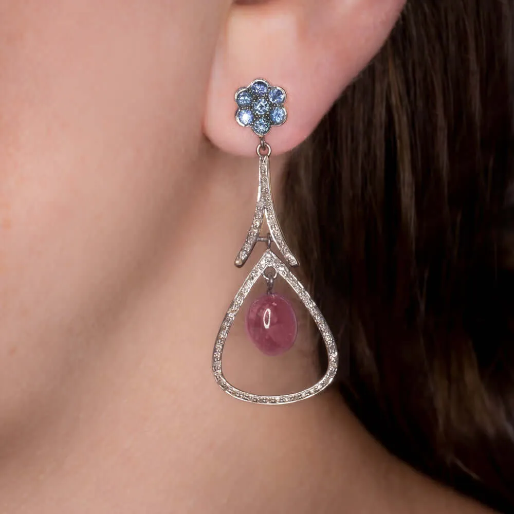 12ct NATURAL DIAMOND RUBY SAPPHIRE DANGLE EARRINGS BOHO STATEMENT DROP BLUE RED