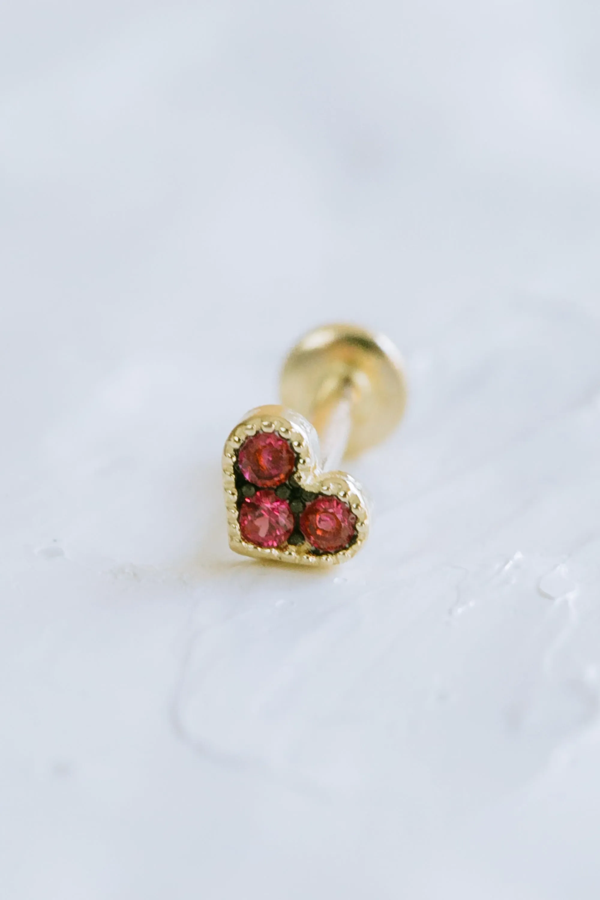 14K Real Gold Minimalist Delicate Ruby Cz Heart Forward Helix Cartilage Tragus Inner Conch Ear Stud Post Internally Threaded Earring Labret Jewelry