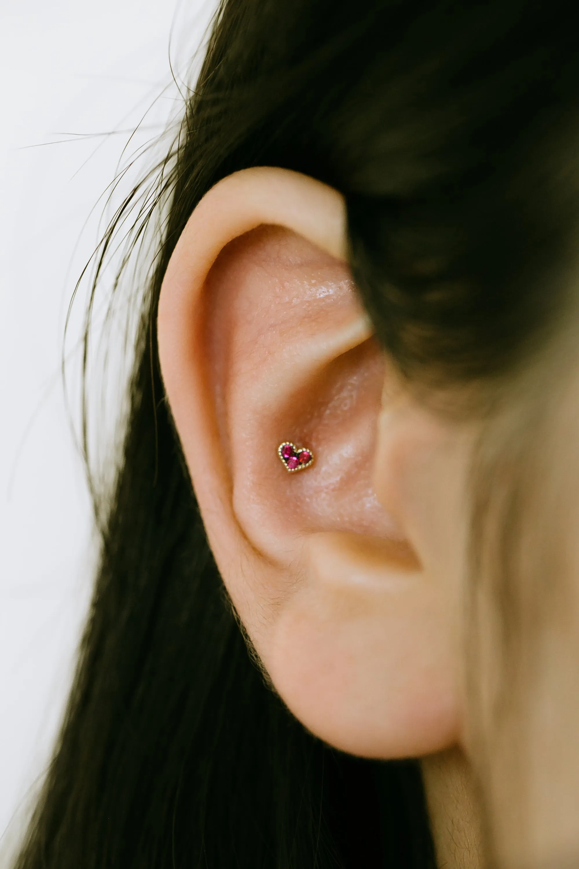 14K Real Gold Minimalist Delicate Ruby Cz Heart Forward Helix Cartilage Tragus Inner Conch Ear Stud Post Internally Threaded Earring Labret Jewelry