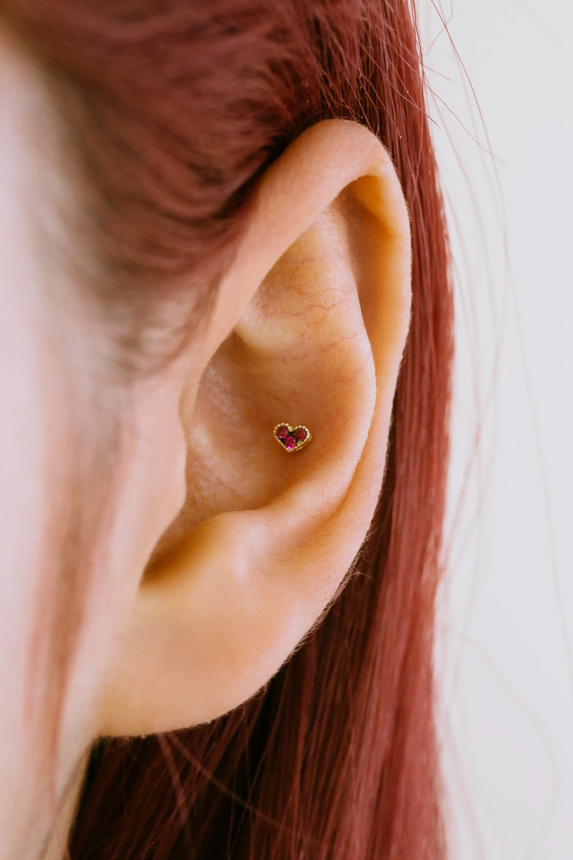 14K Real Gold Minimalist Delicate Ruby Cz Heart Forward Helix Cartilage Tragus Inner Conch Ear Stud Post Internally Threaded Earring Labret Jewelry