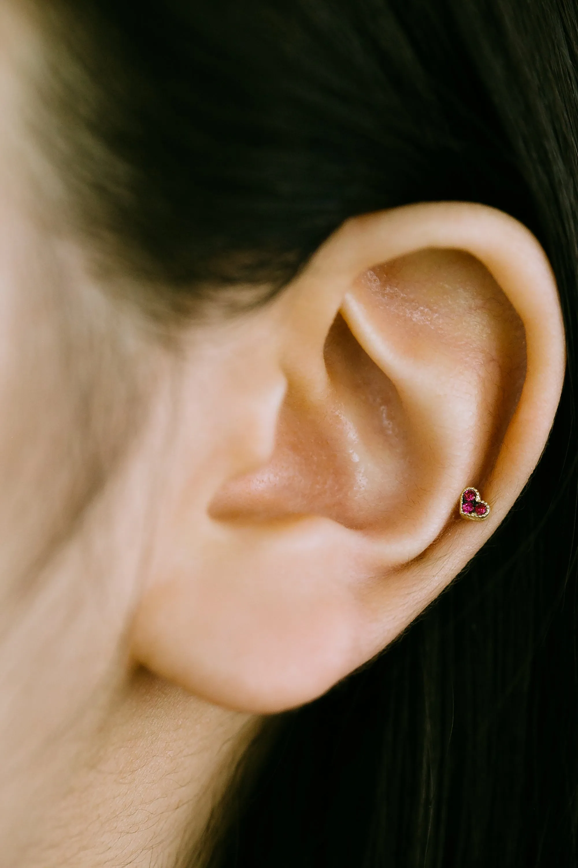 14K Real Gold Minimalist Delicate Ruby Cz Heart Forward Helix Cartilage Tragus Inner Conch Ear Stud Post Internally Threaded Earring Labret Jewelry