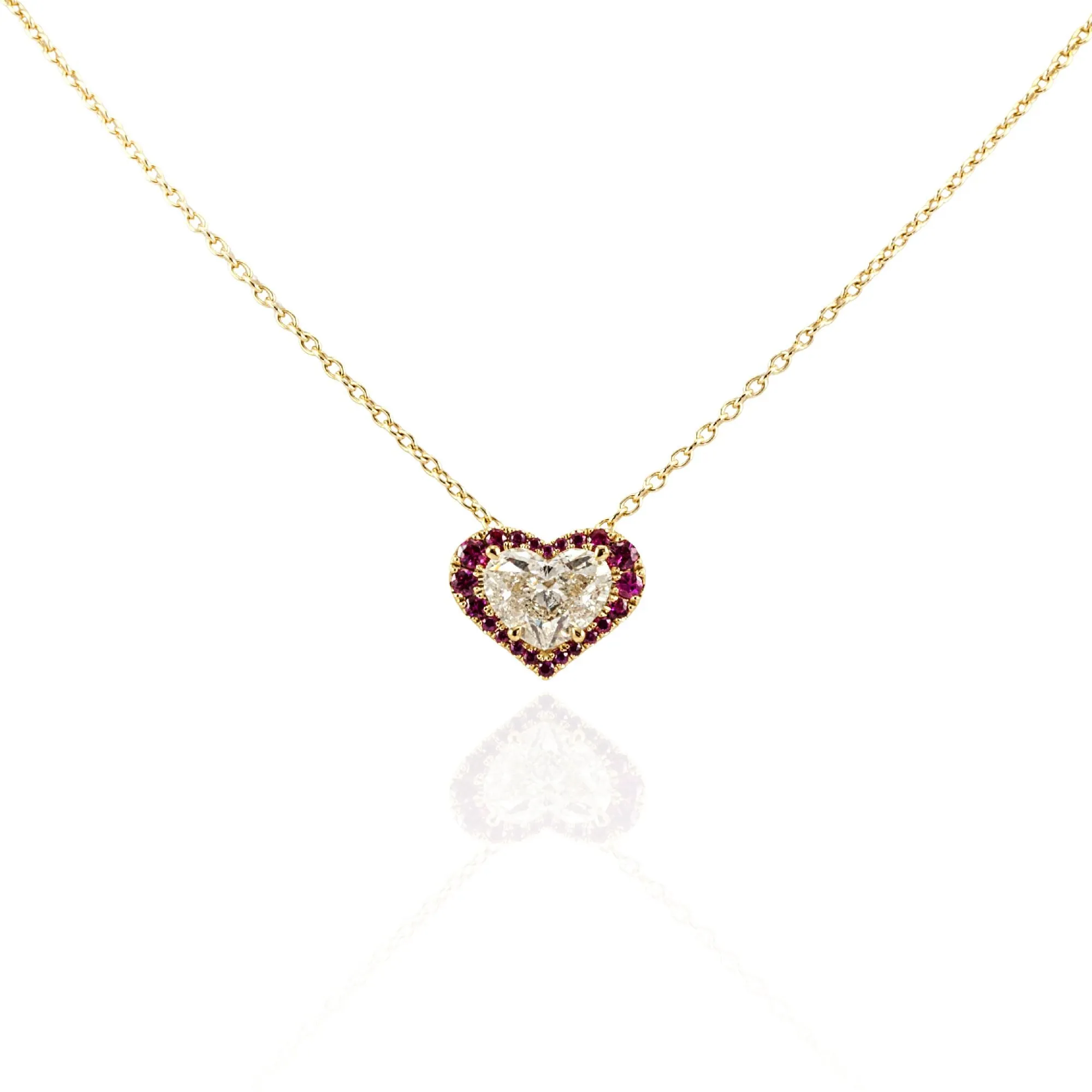 14K YELLOW GOLD HEART SHAPE DIAMOND AND RUBY FRAME PENDANT