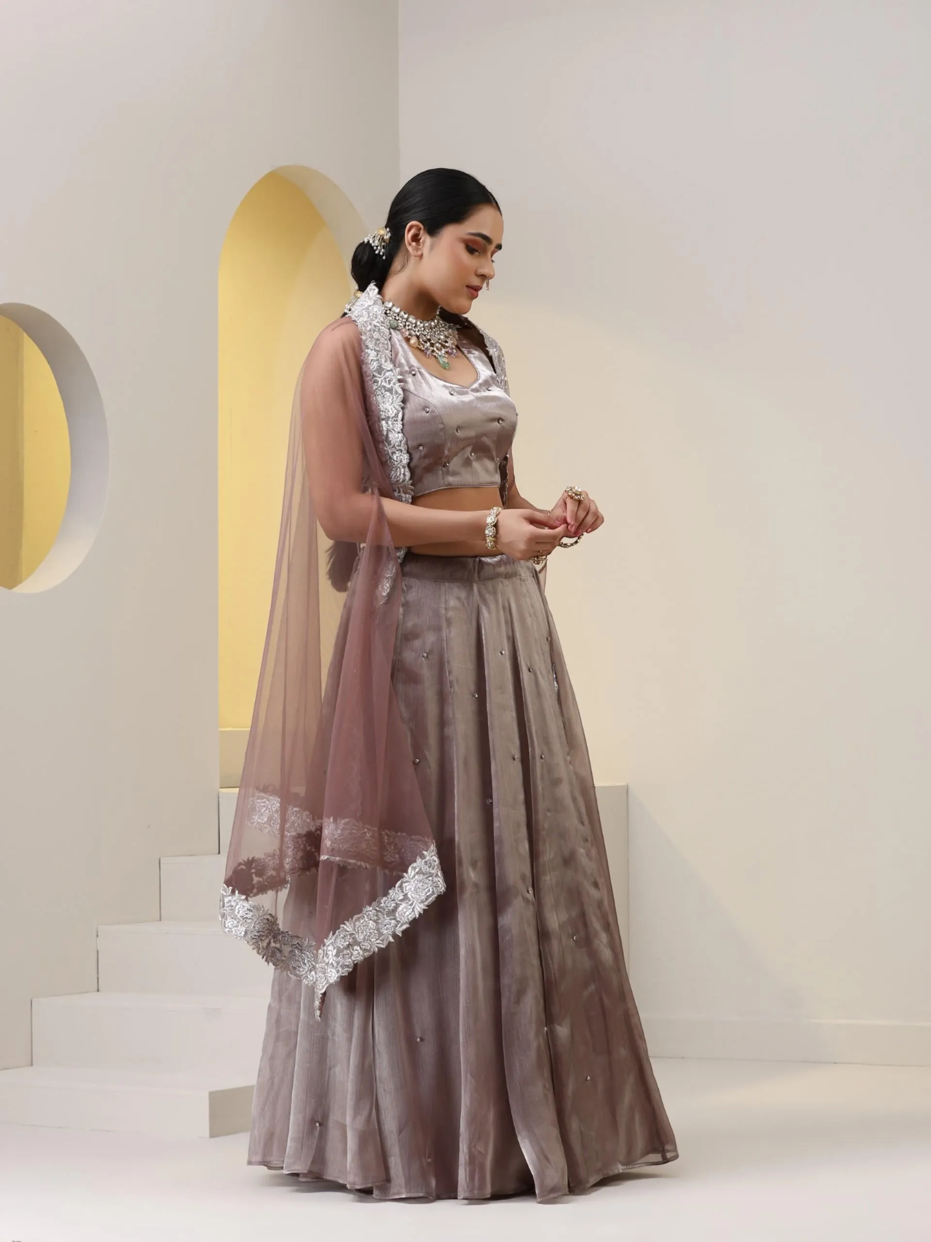 3 pc SET - Rose Pearl Lehenga ,Blouse Fabric with Diamond studs, and Net dupatta with Lace