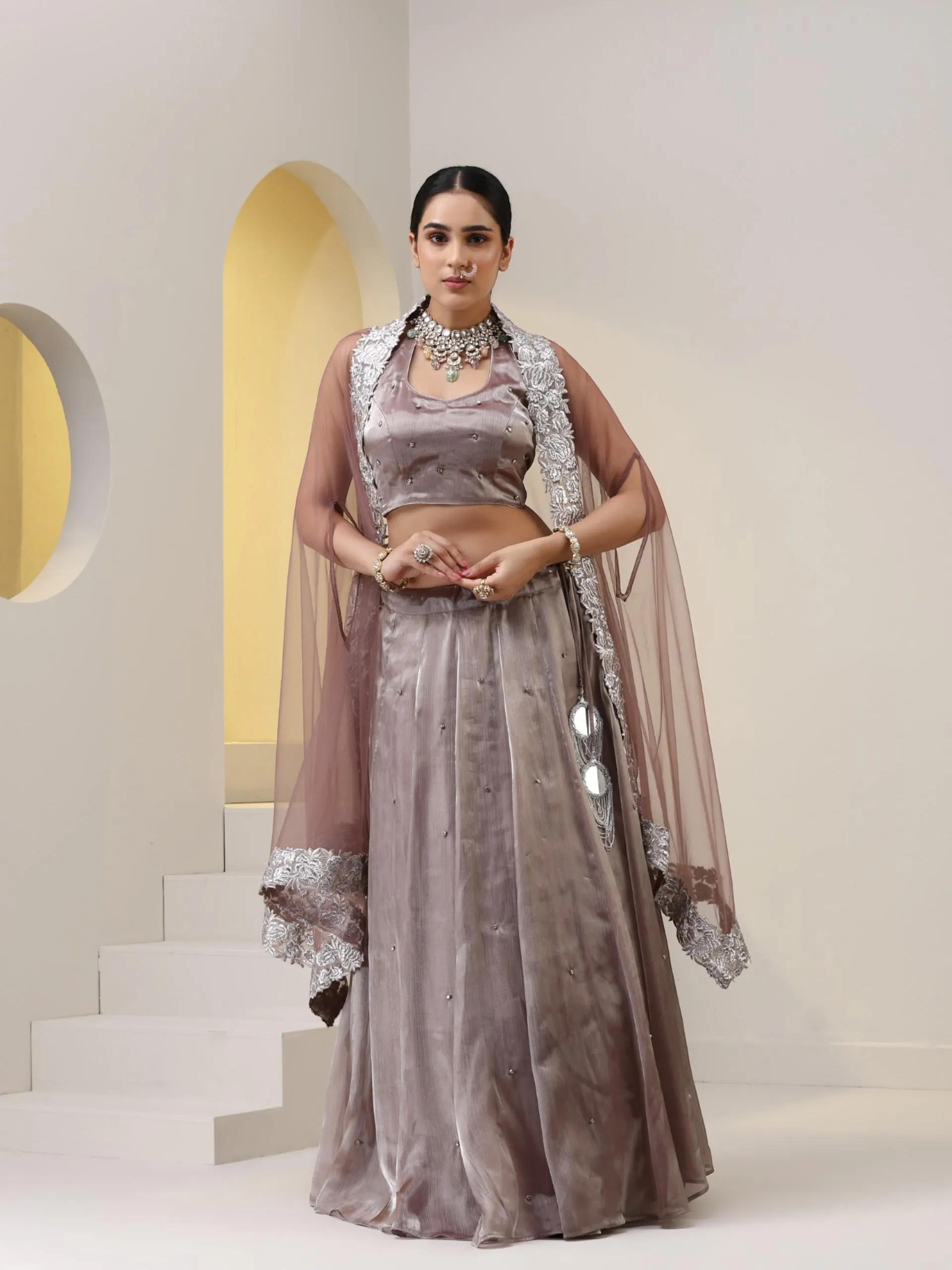 3 pc SET - Rose Pearl Lehenga ,Blouse Fabric with Diamond studs, and Net dupatta with Lace