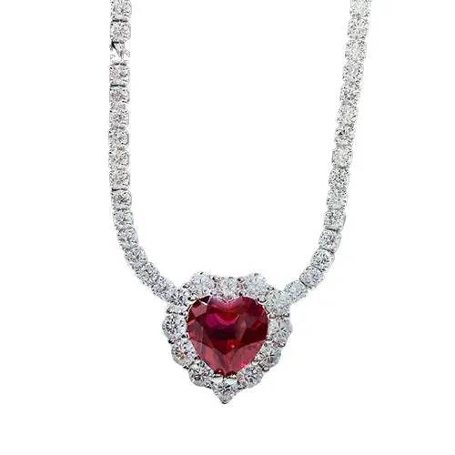 8*8mm Heart Ruby Diamond Pendant 925 Sterling Silver Necklace