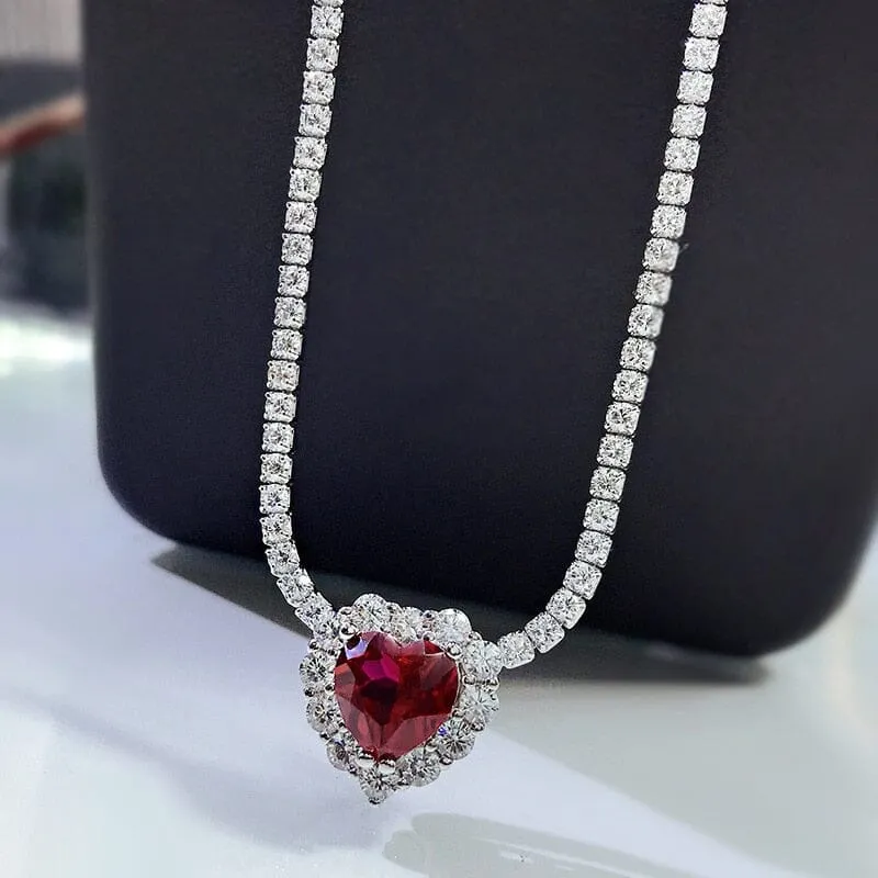 8*8mm Heart Ruby Diamond Pendant 925 Sterling Silver Necklace