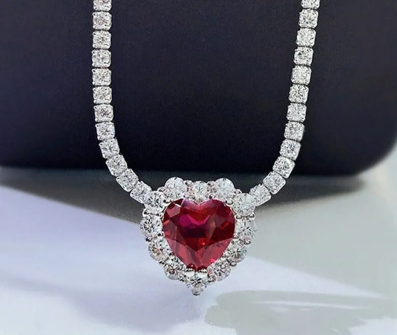 8*8mm Heart Ruby Diamond Pendant 925 Sterling Silver Necklace