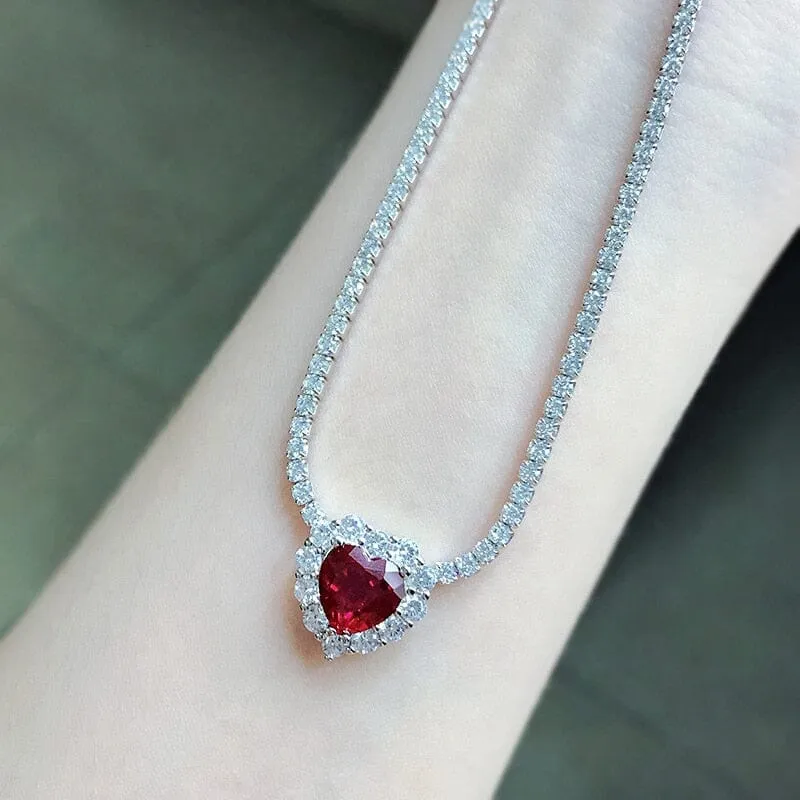 8*8mm Heart Ruby Diamond Pendant 925 Sterling Silver Necklace