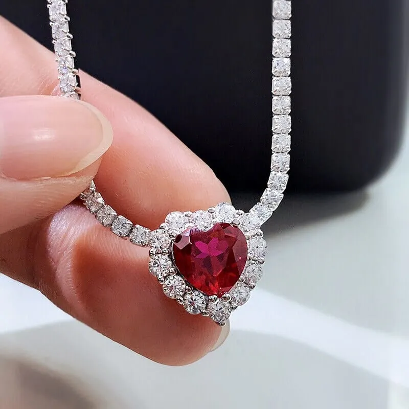 8*8mm Heart Ruby Diamond Pendant 925 Sterling Silver Necklace