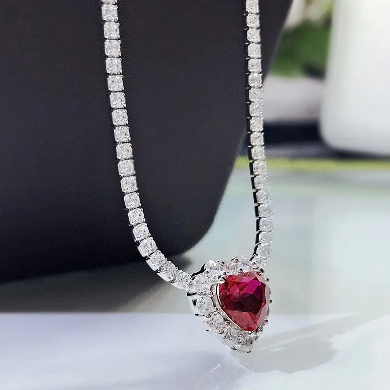 8*8mm Heart Ruby Diamond Pendant 925 Sterling Silver Necklace