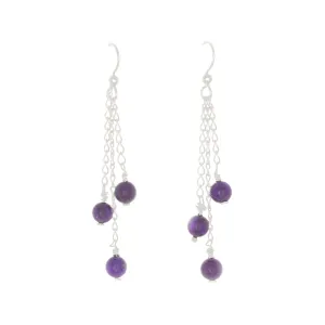 Amethyst 3-bead drop Earrings on Sterling Silver Chain