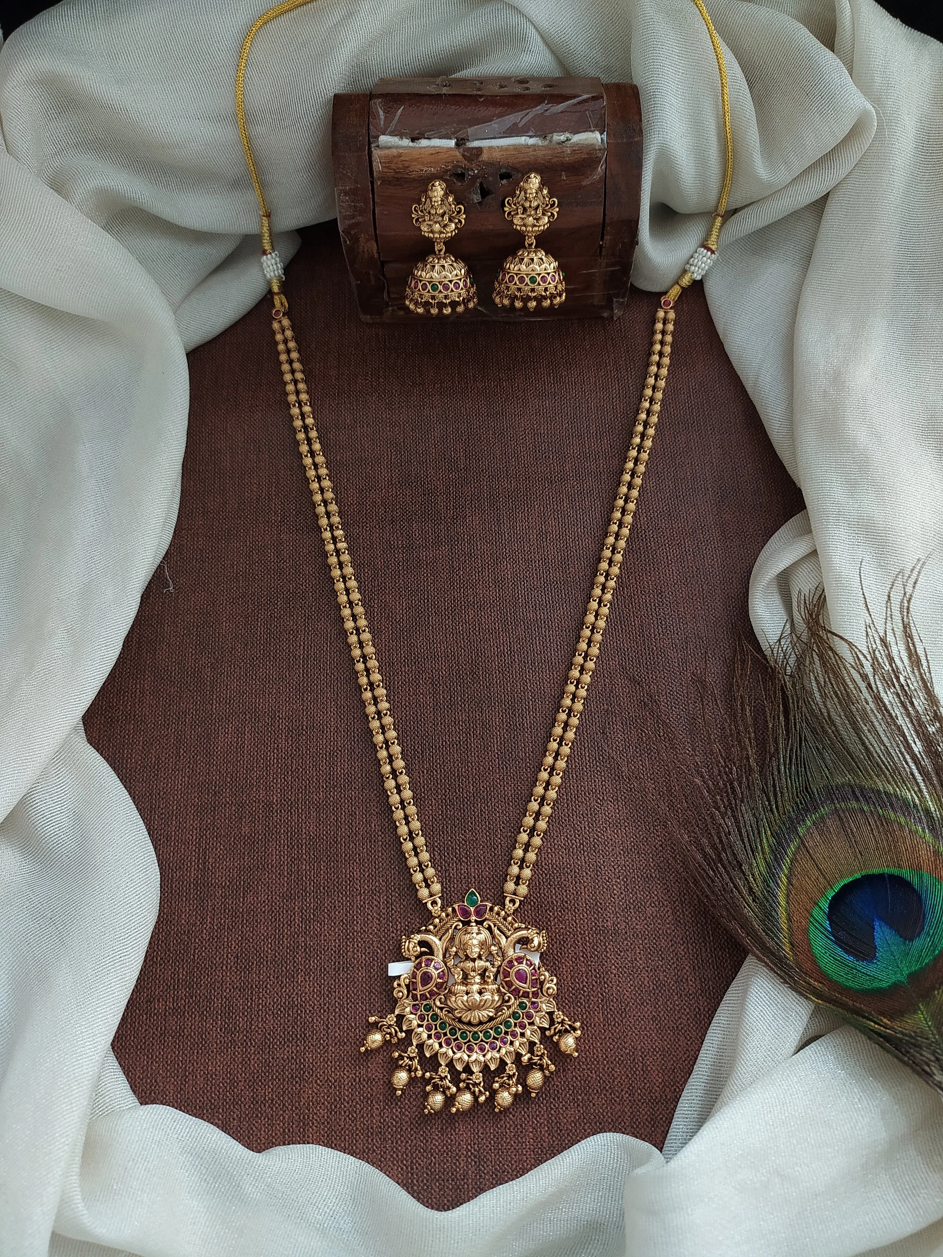 Antique Double-Layered Mala Set with Lakshmi Pendant and Matching Jhumkis