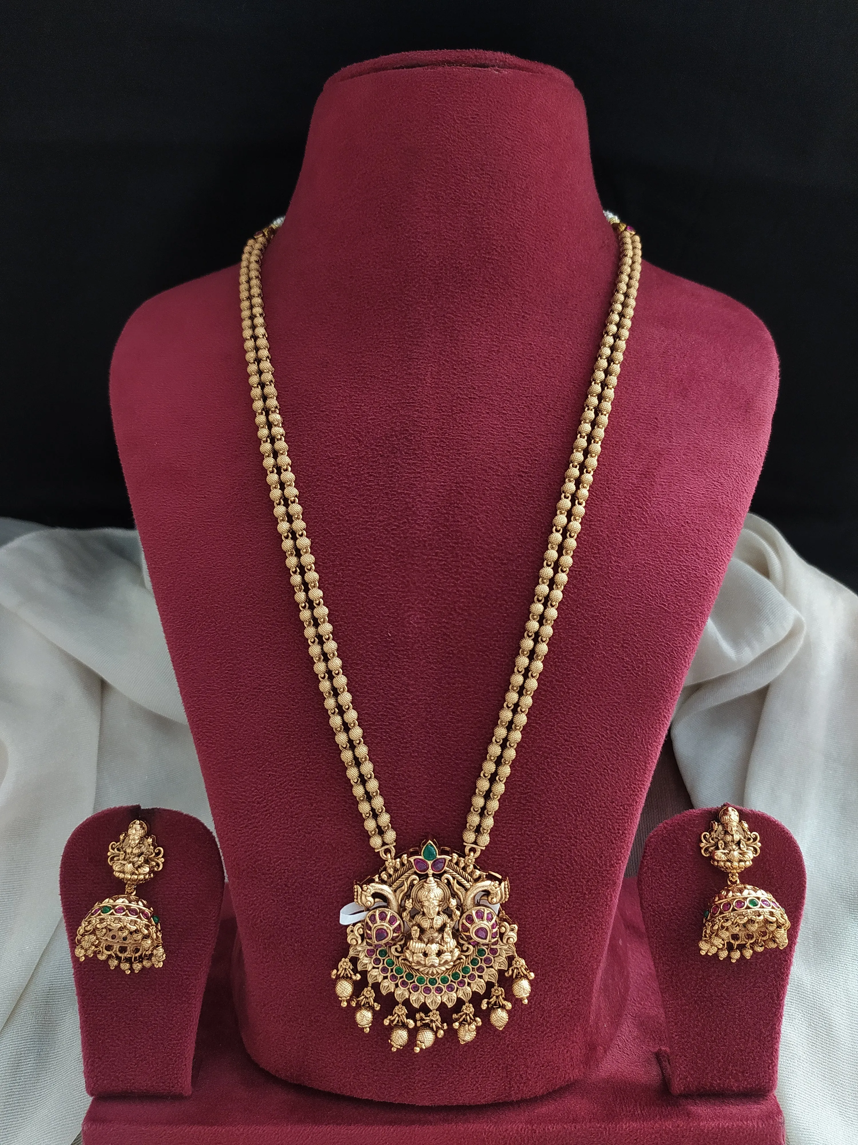 Antique Double-Layered Mala Set with Lakshmi Pendant and Matching Jhumkis