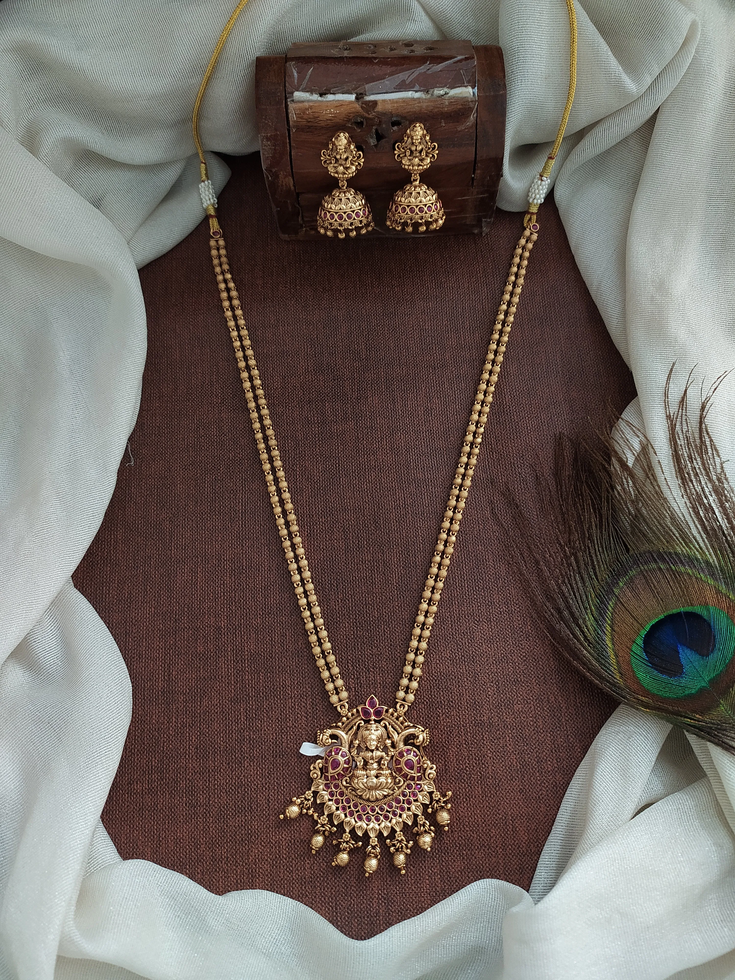 Antique Double-Layered Mala Set with Lakshmi Pendant and Matching Jhumkis