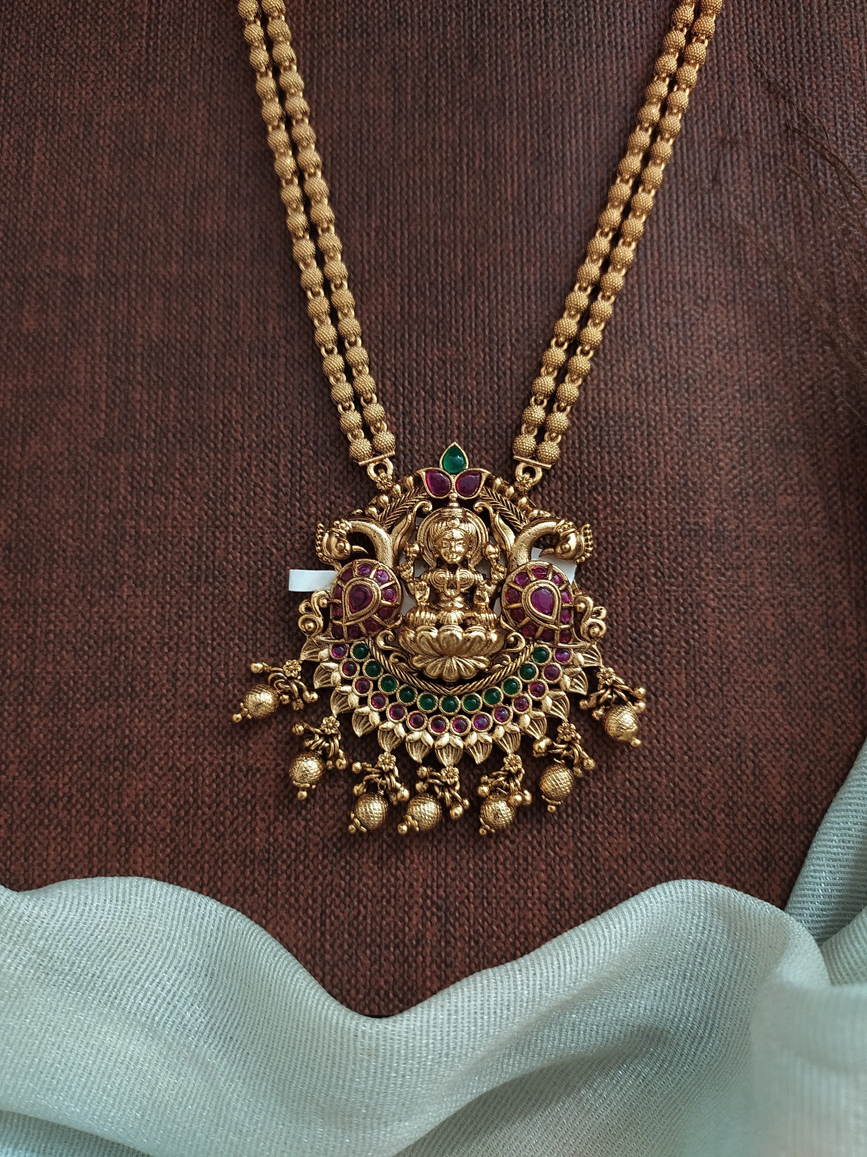 Antique Double-Layered Mala Set with Lakshmi Pendant and Matching Jhumkis