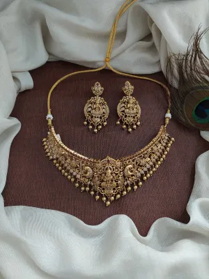 Antique Lakshmi Choker Set with Nakshi Work and Zircon Stones