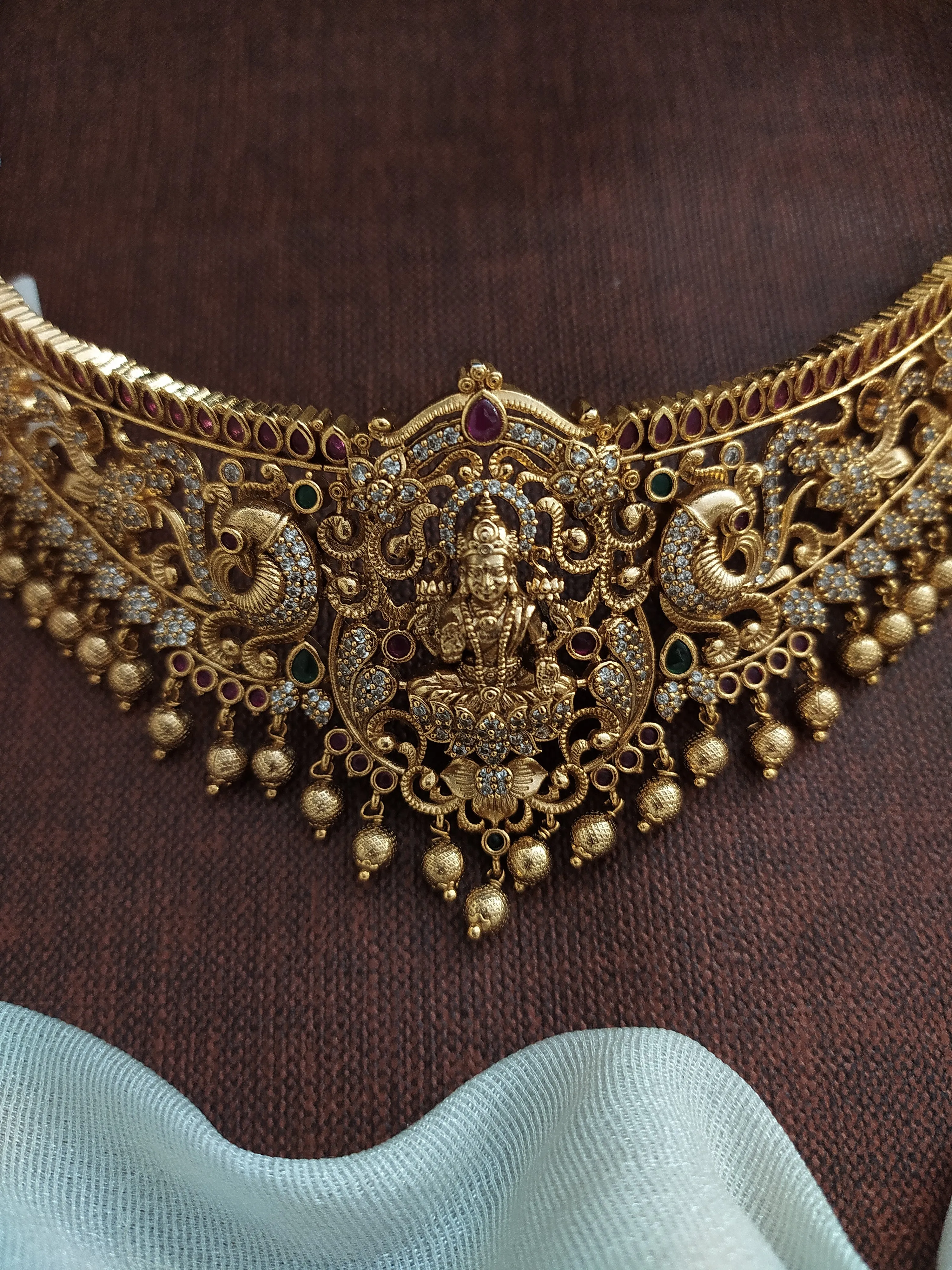 Antique Lakshmi Choker Set with Nakshi Work and Zircon Stones