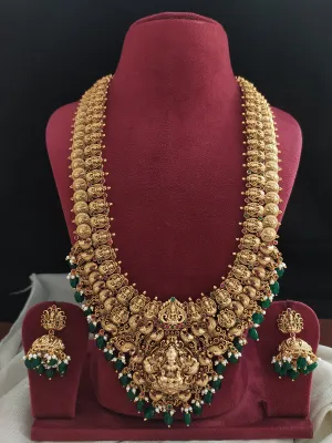 Antique Lakshmi Long Haram Set with Kasumalai Design - Kemp Stones