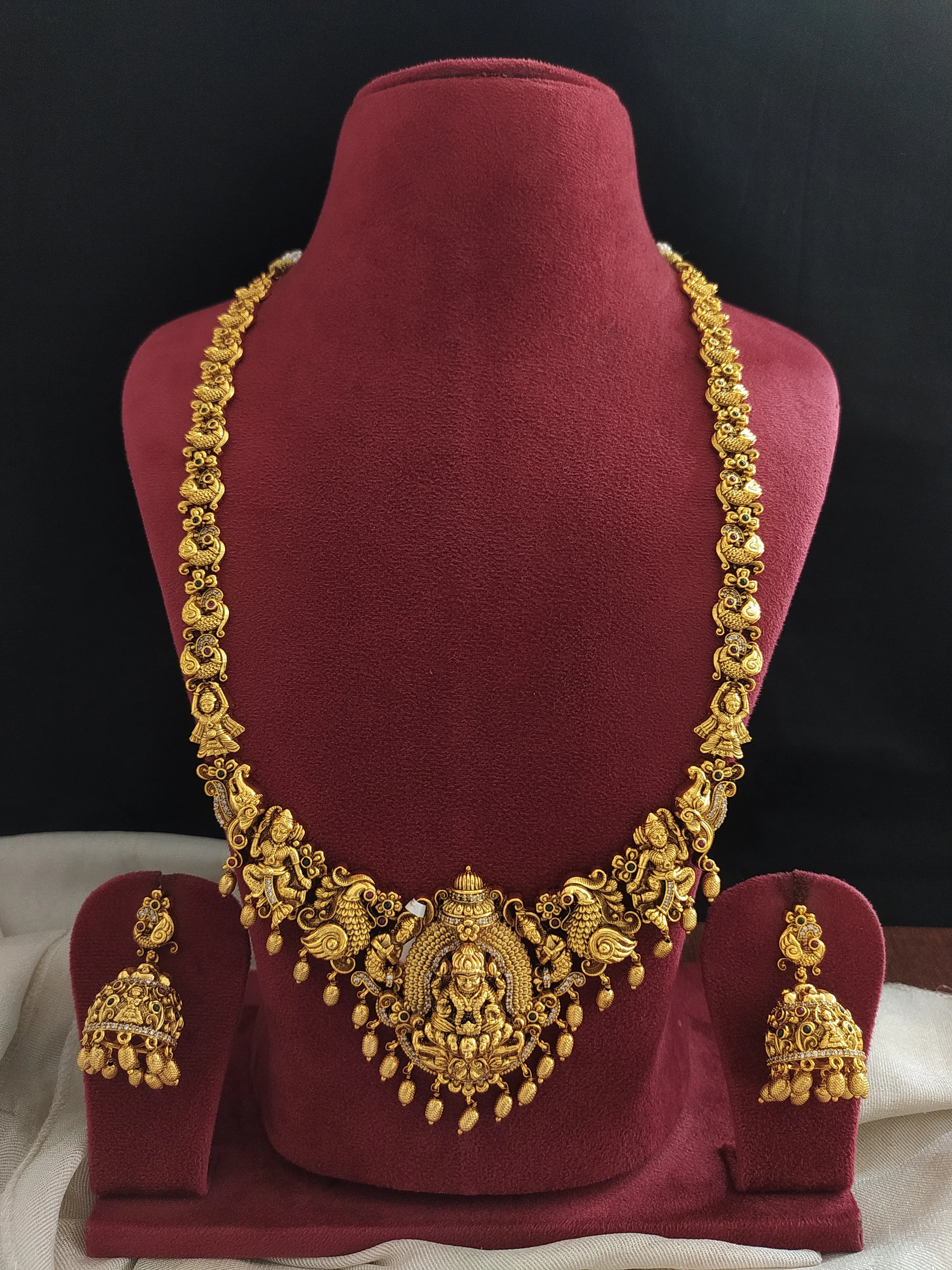 Antique Lakshmi Long Haram Set with Nagas Work and Zircon Stones