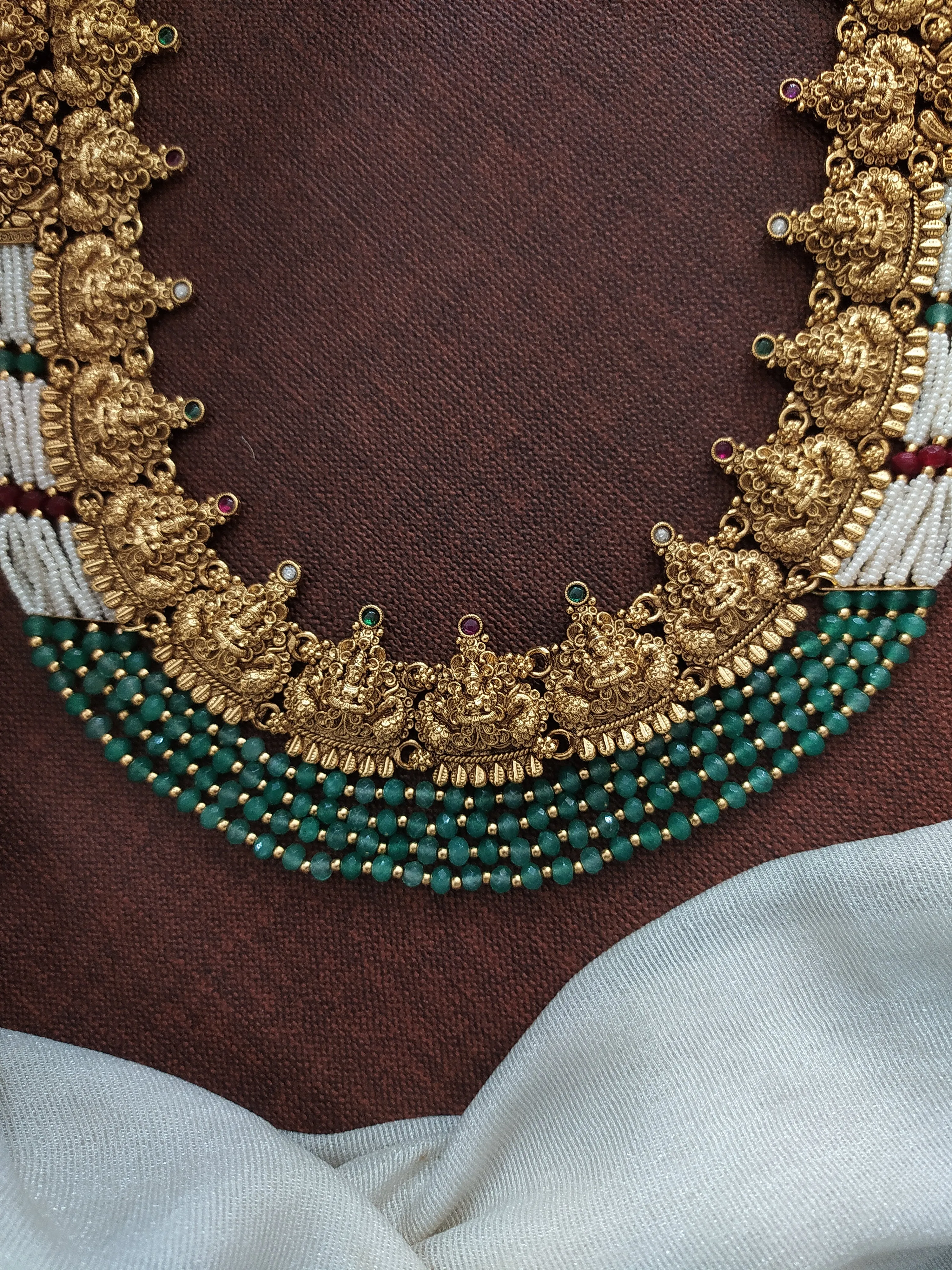 Antique Lakshmi Long Haram Set with Pearl Layers & Nakshi Work