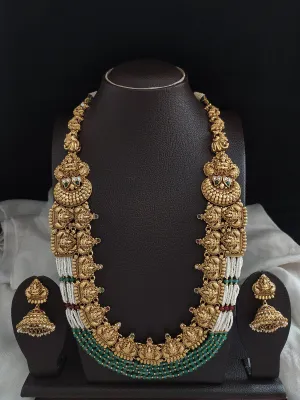 Antique Lakshmi Long Haram Set with Pearl Layers & Nakshi Work