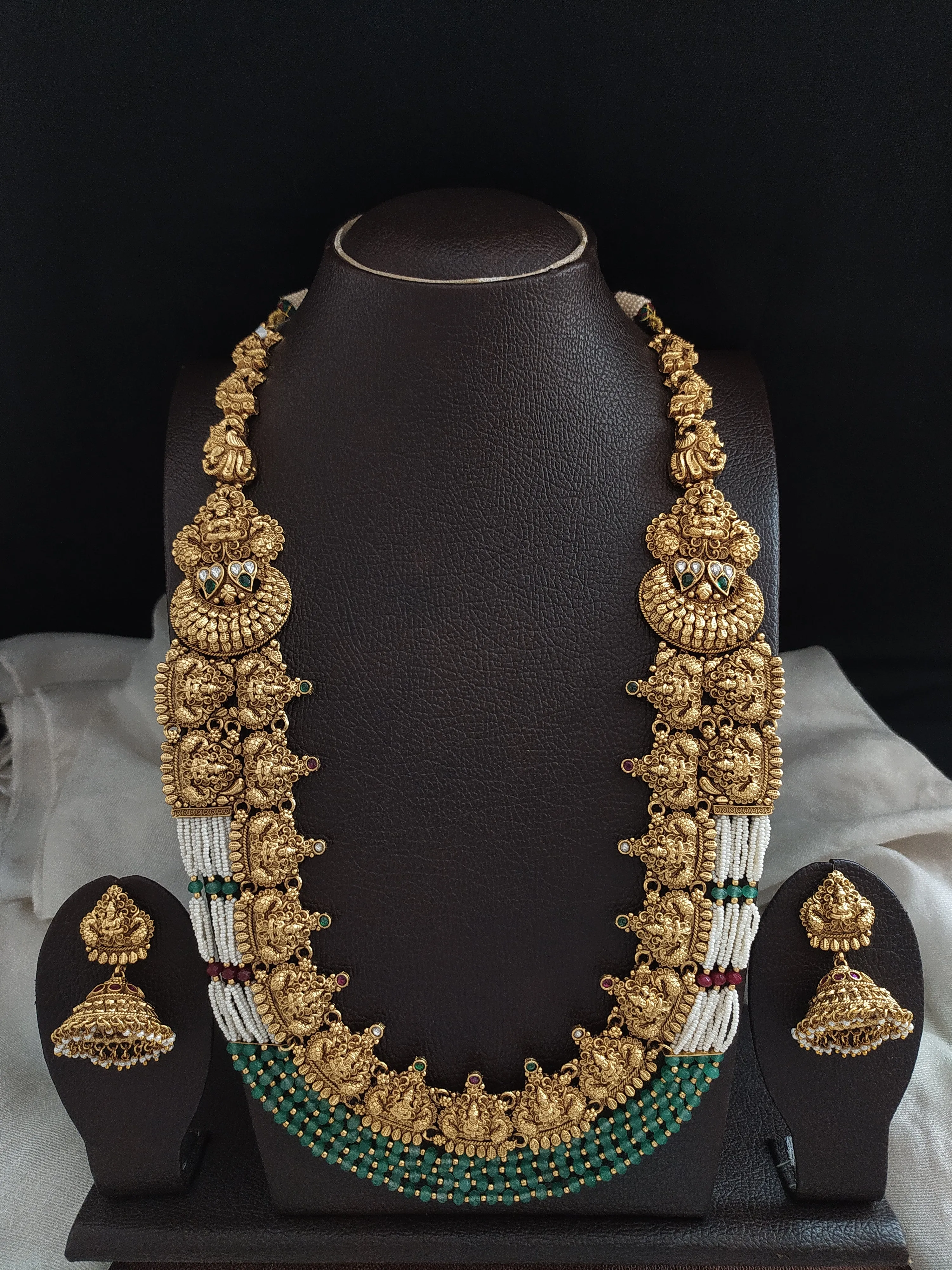 Antique Lakshmi Long Haram Set with Pearl Layers & Nakshi Work