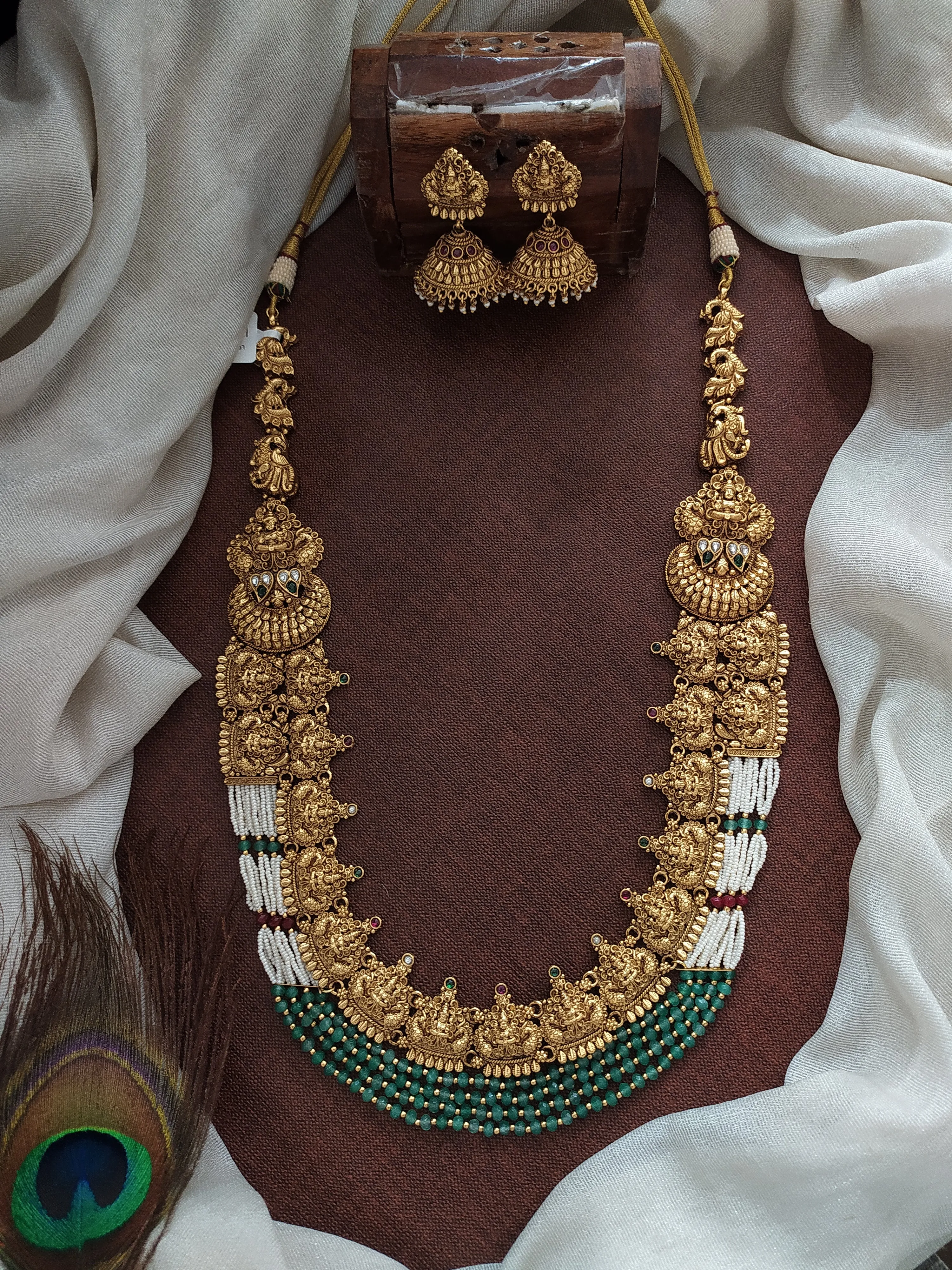 Antique Lakshmi Long Haram Set with Pearl Layers & Nakshi Work