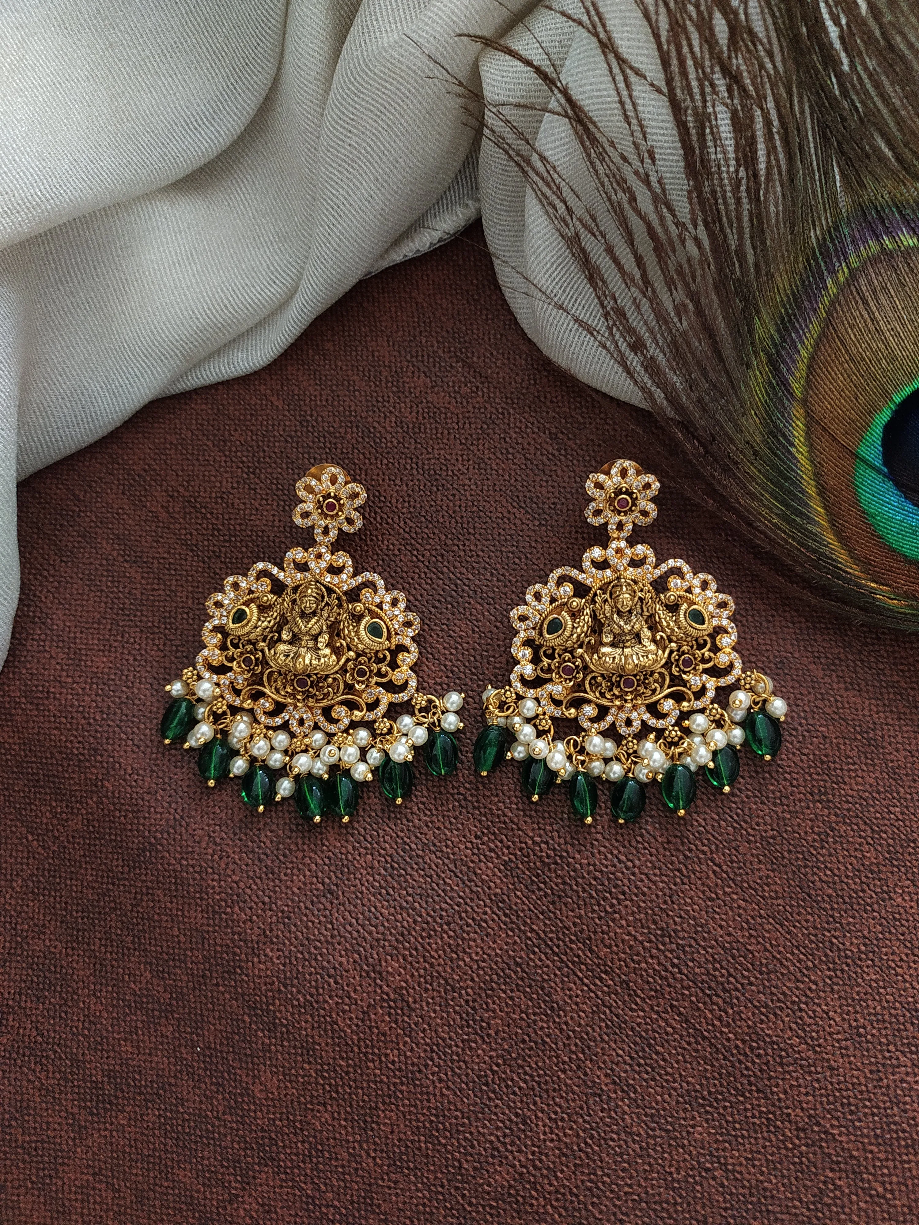 Antique Lakshmi Long Haram Set with Zircon Stones, Green Beads, and Pearls