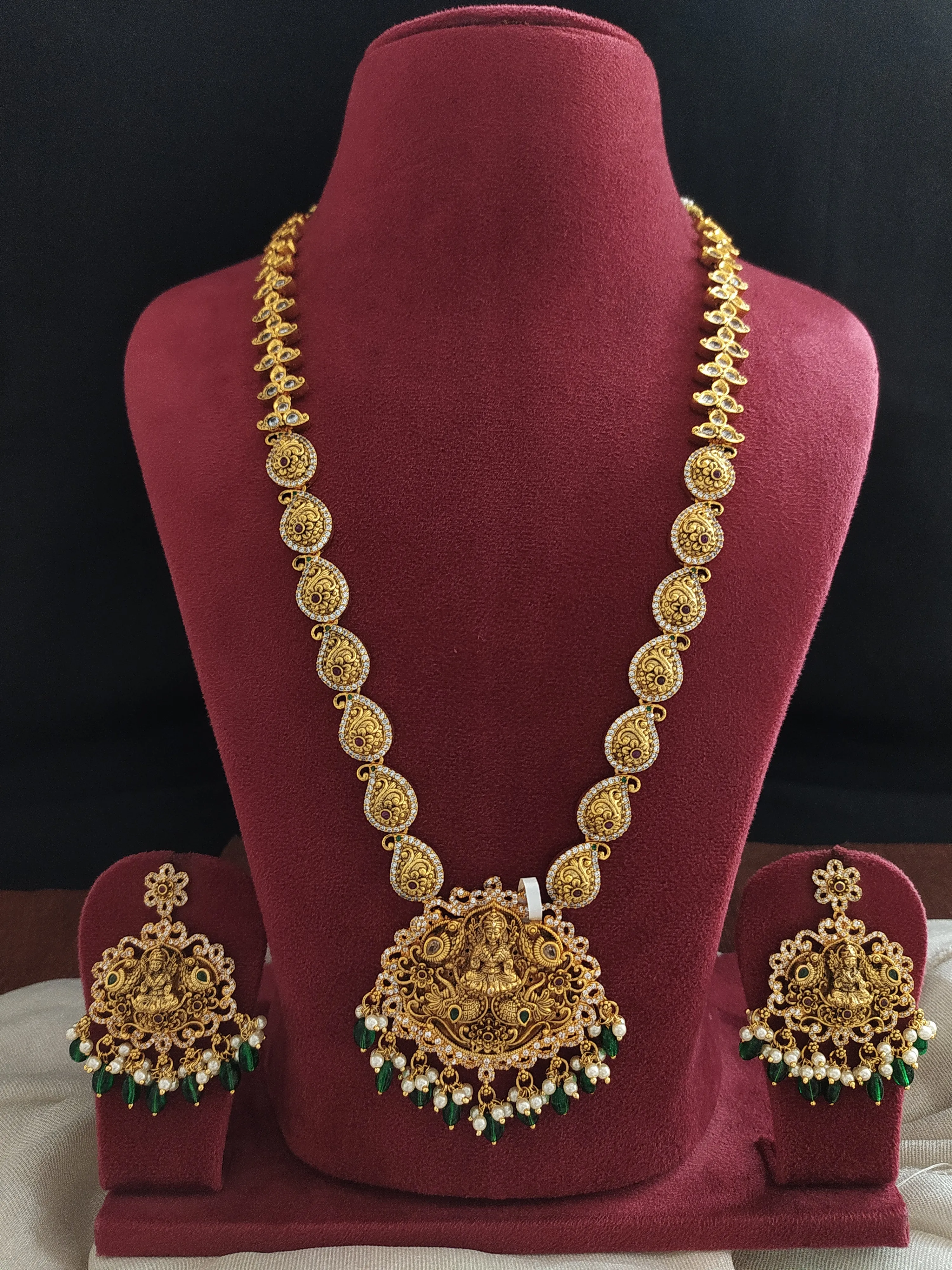 Antique Lakshmi Long Haram Set with Zircon Stones, Green Beads, and Pearls