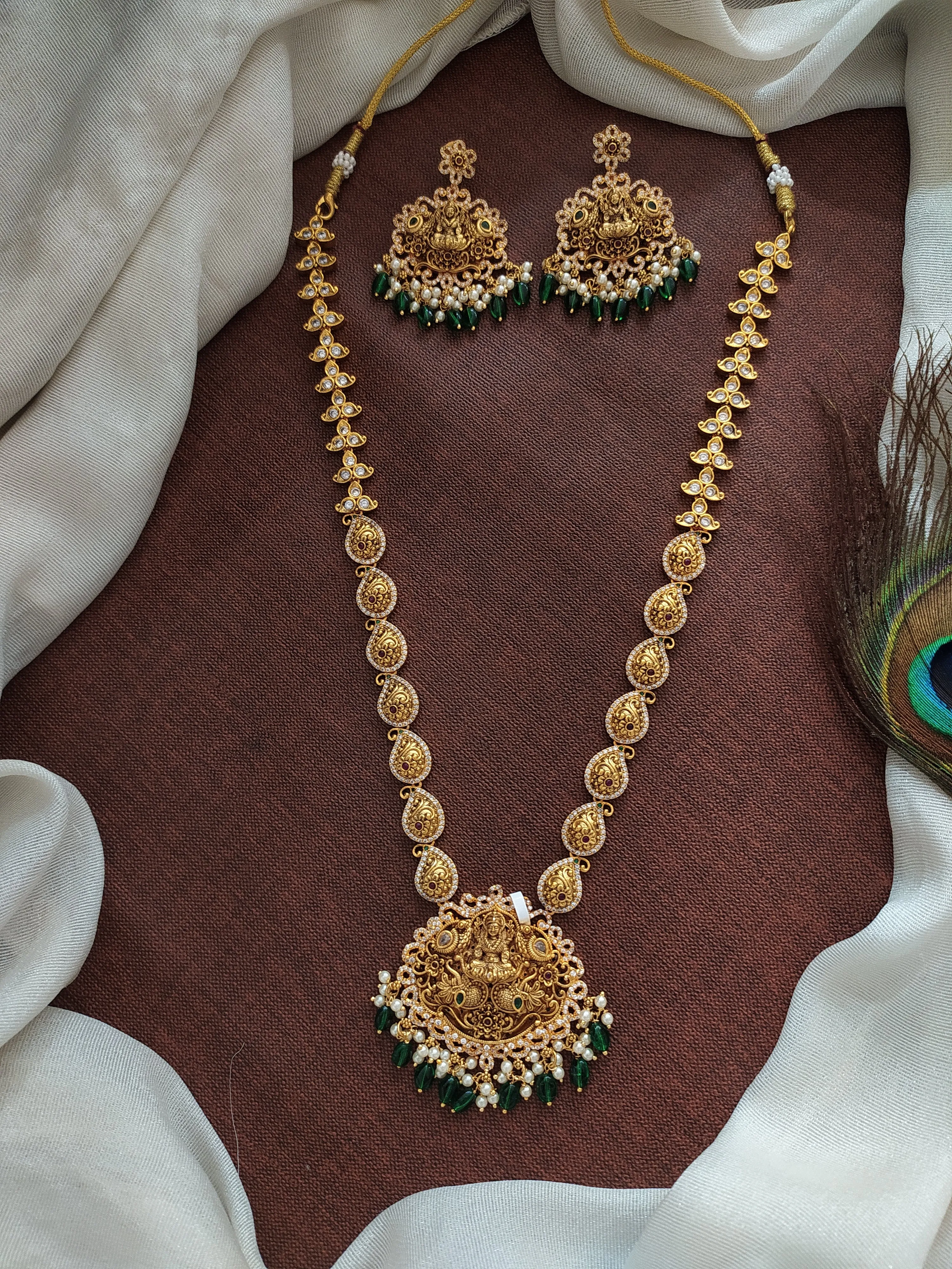 Antique Lakshmi Long Haram Set with Zircon Stones, Green Beads, and Pearls