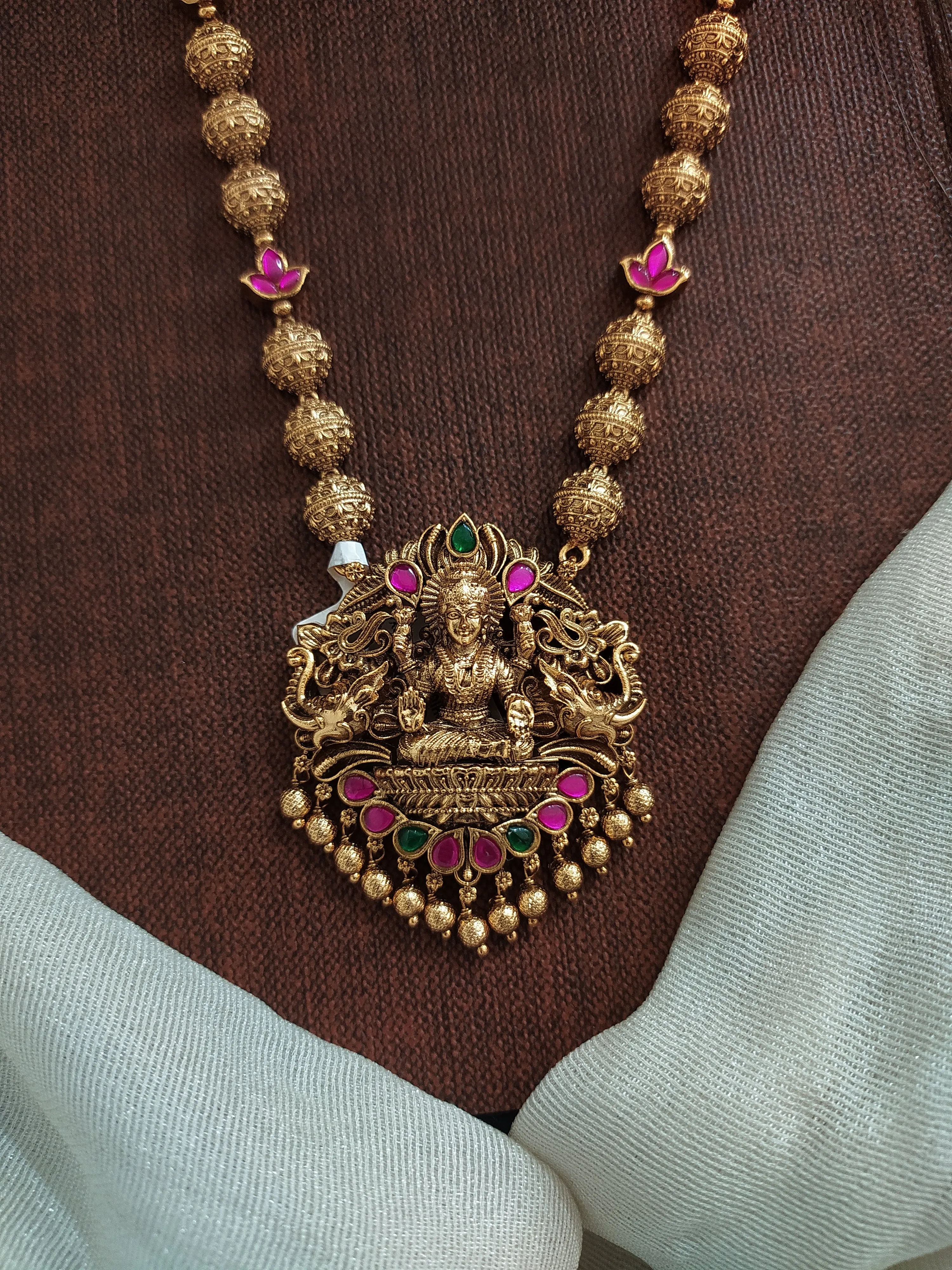 Antique Lakshmi Pendant Mala Set with Floral and Golden Ball Chain