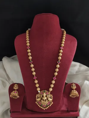 Antique Lakshmi Pendant Mala Set with Floral and Golden Ball Chain