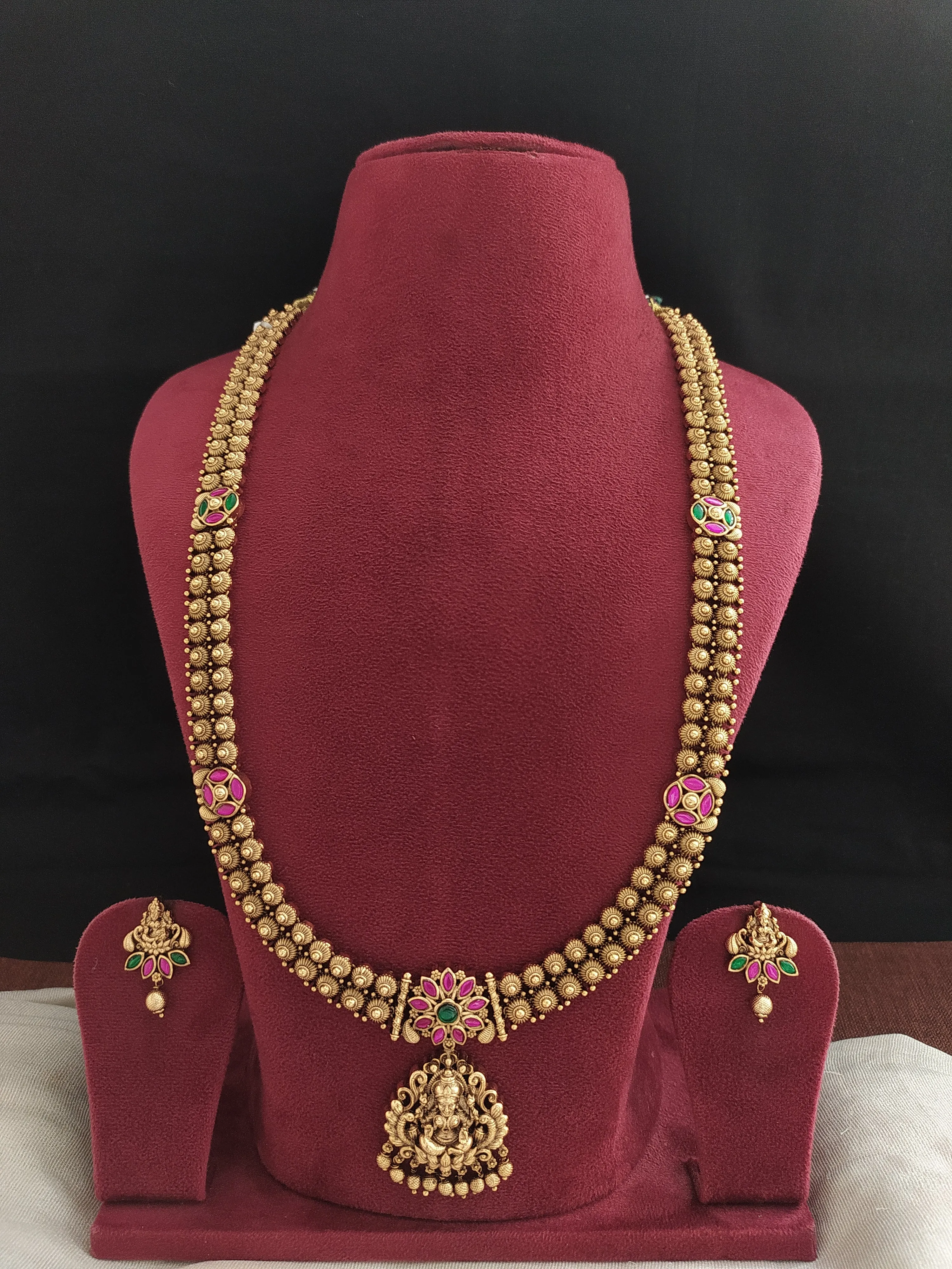 Antique Long Haram Set with Lakshmi Pendant and Matching Studs  Crafted with Jadau Kundan Stones ~ Red with Green