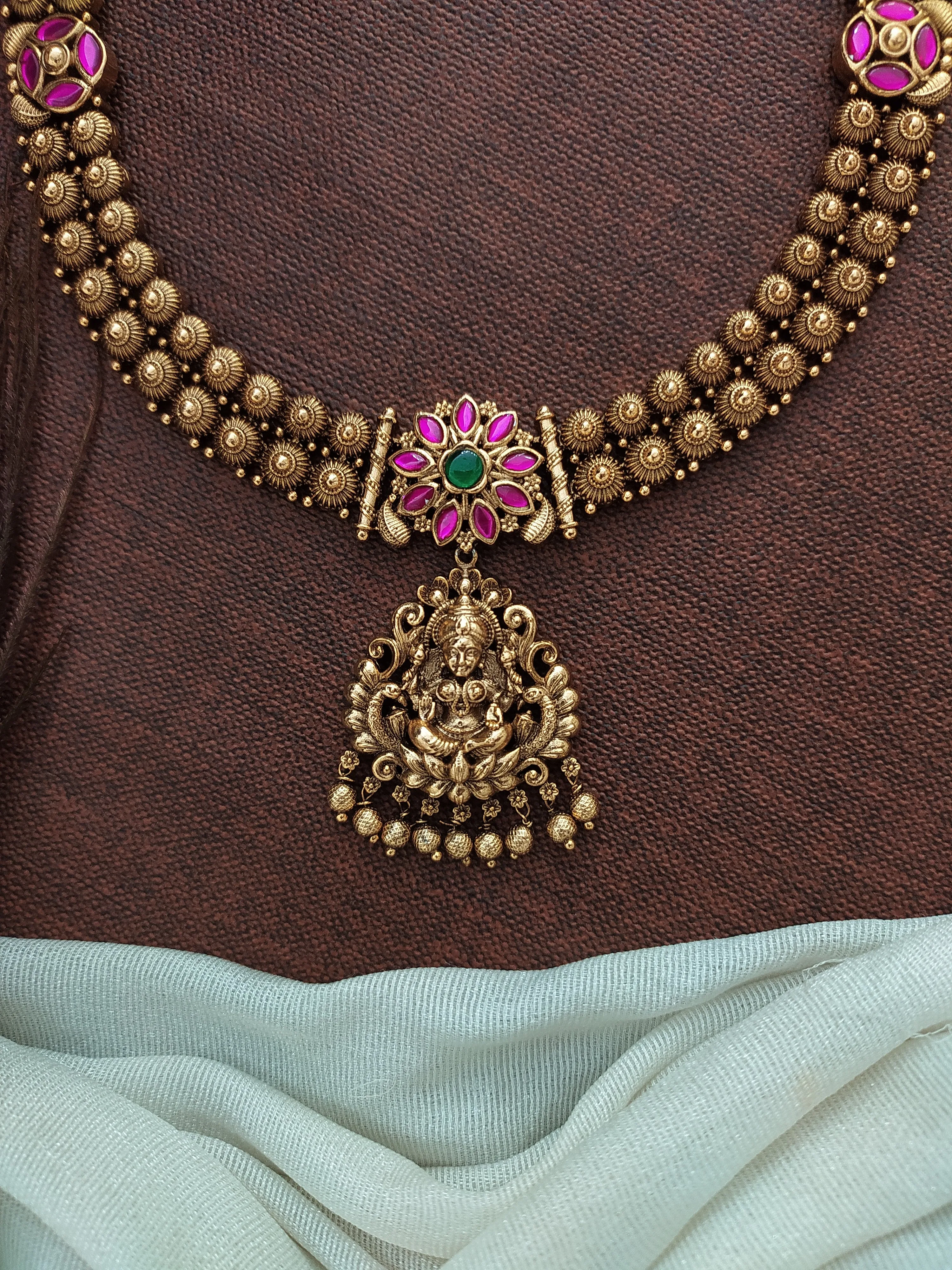 Antique Long Haram Set with Lakshmi Pendant and Matching Studs  Crafted with Jadau Kundan Stones ~ Red with Green