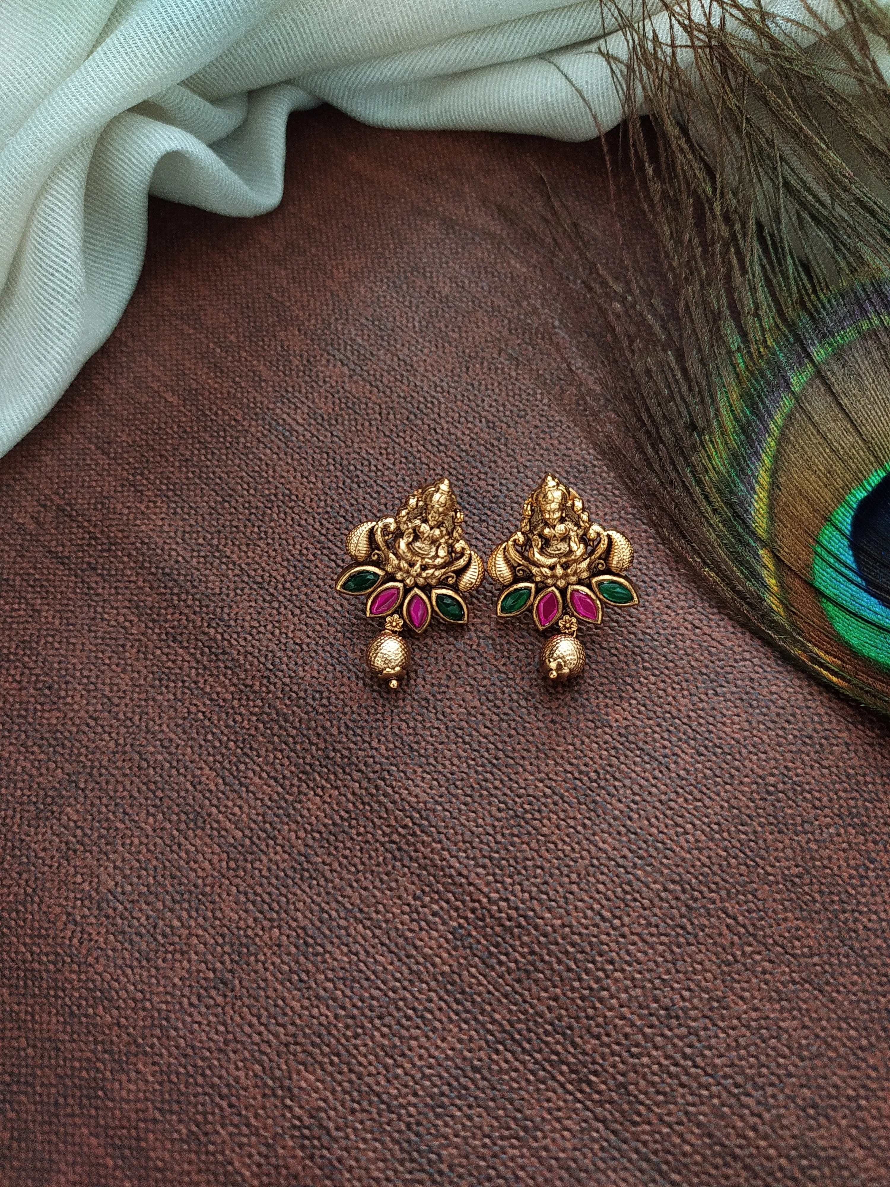 Antique Long Haram Set with Lakshmi Pendant and Matching Studs  Crafted with Jadau Kundan Stones ~ Red with Green