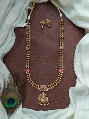 Antique Long Haram Set with Lakshmi Pendant and Matching Studs  Crafted with Jadau Kundan Stones ~ Red with Green