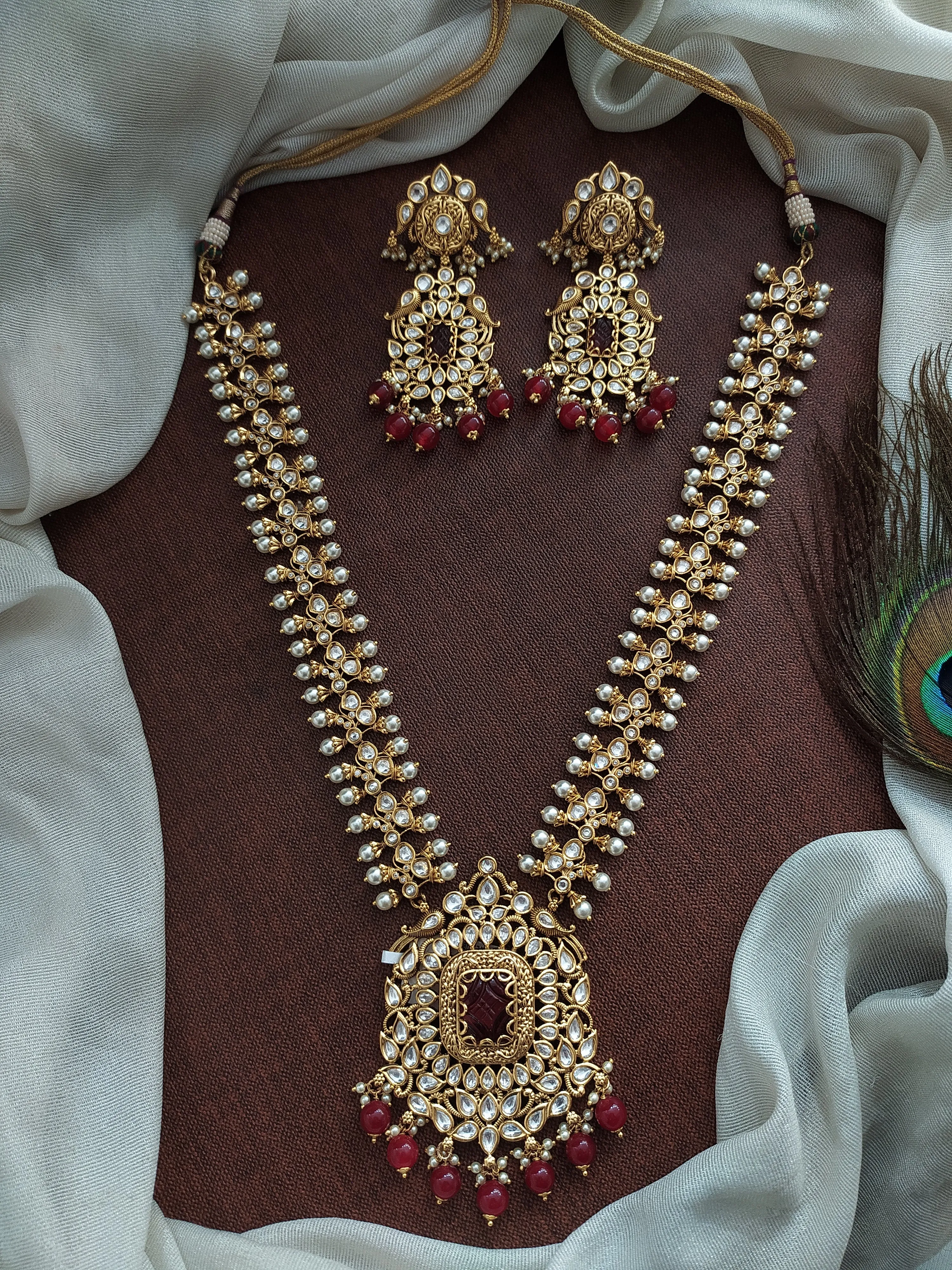 Antique Long Haram Set with Ruby Quartz, Kundan Stones, and Pearl Drops