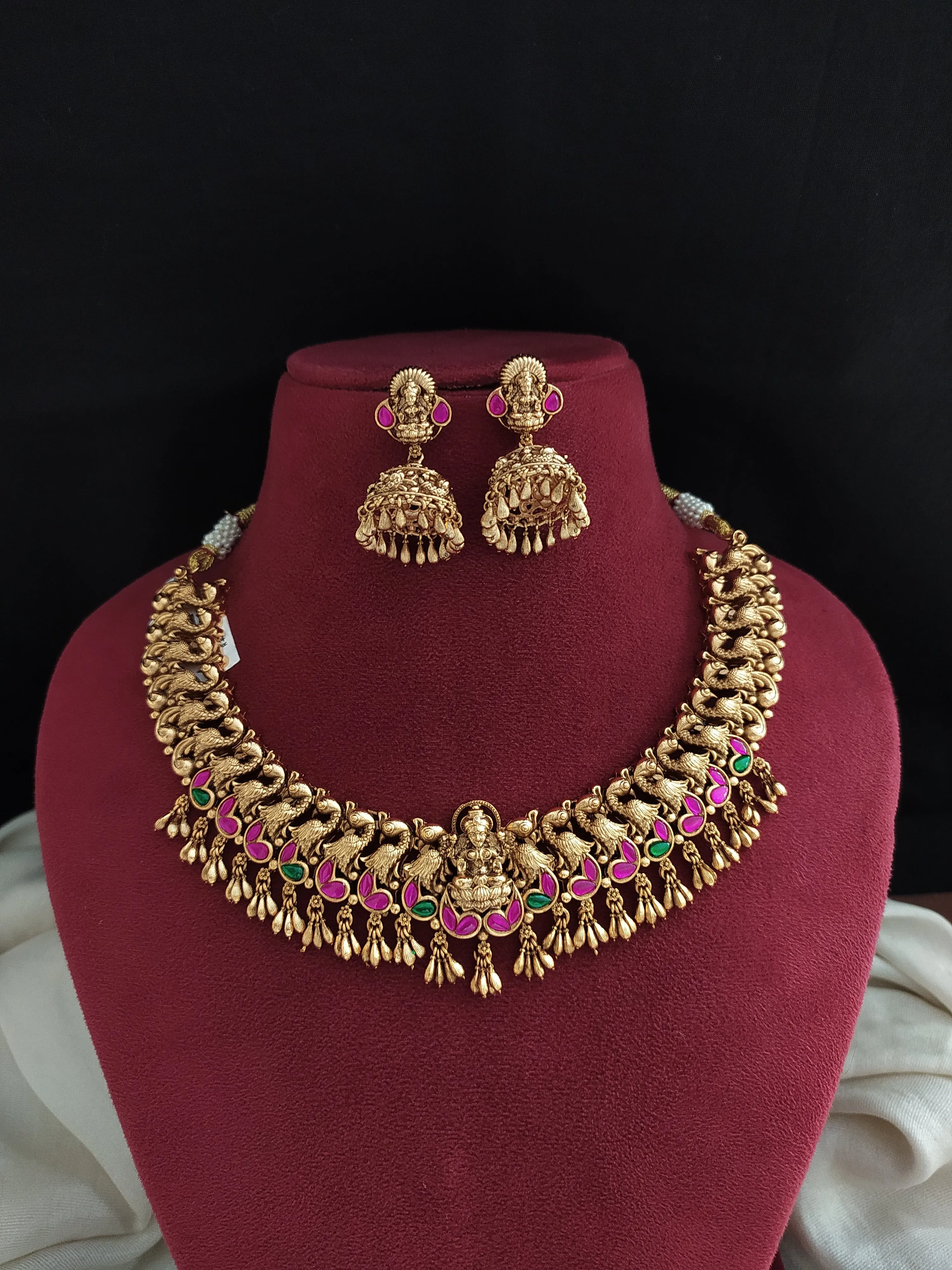 Antique Necklace Set with Peacock and Lakshmi Design