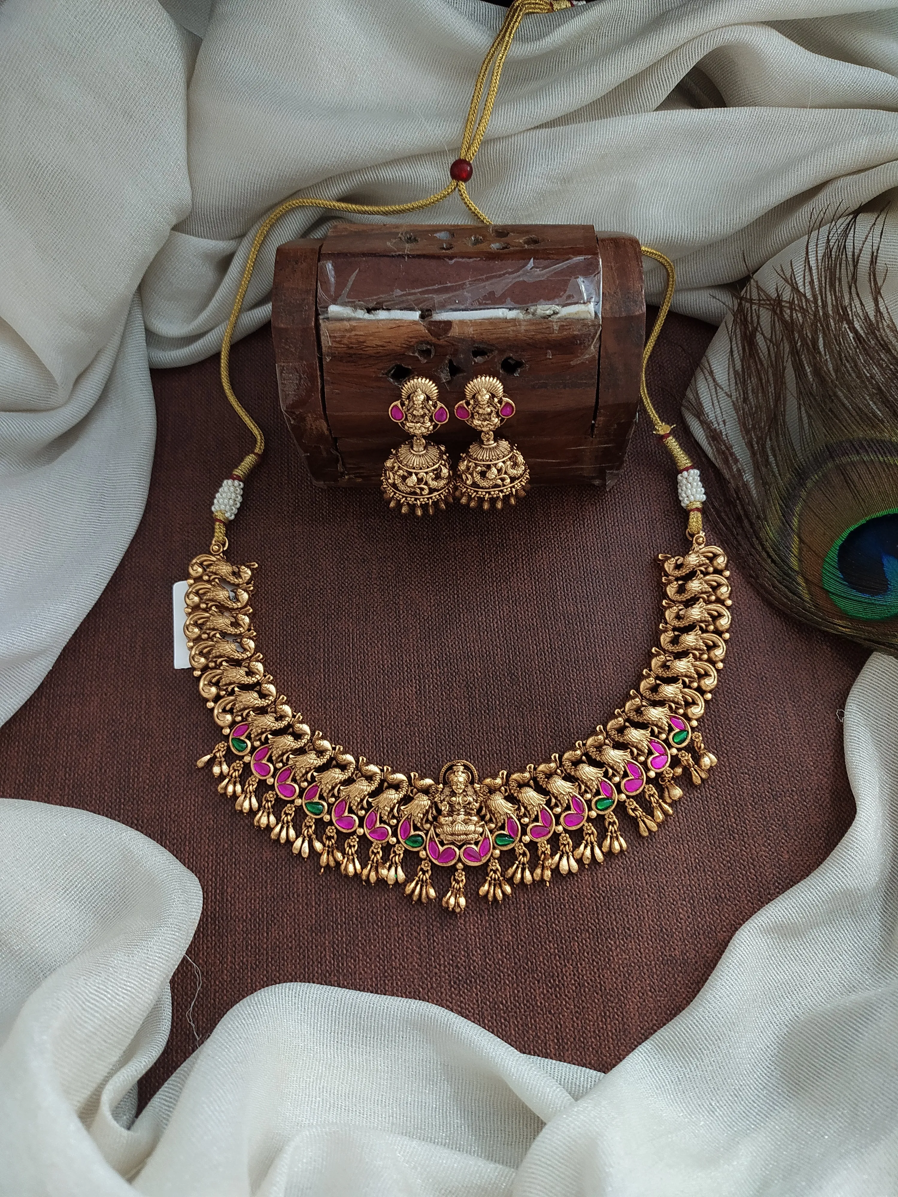 Antique Necklace Set with Peacock and Lakshmi Design