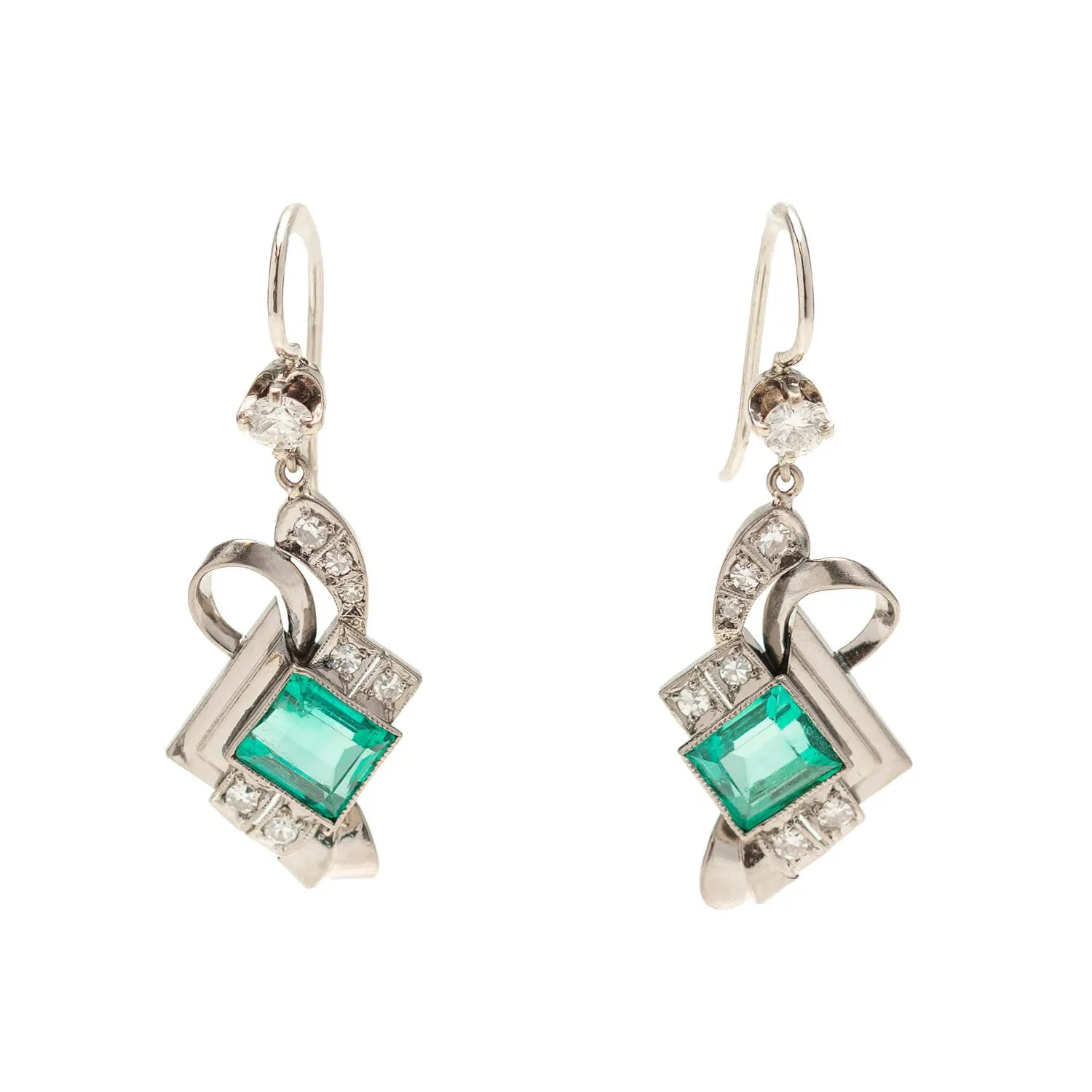 Art Deco Platinum 2ct Emerald   Diamond Drop Earrings