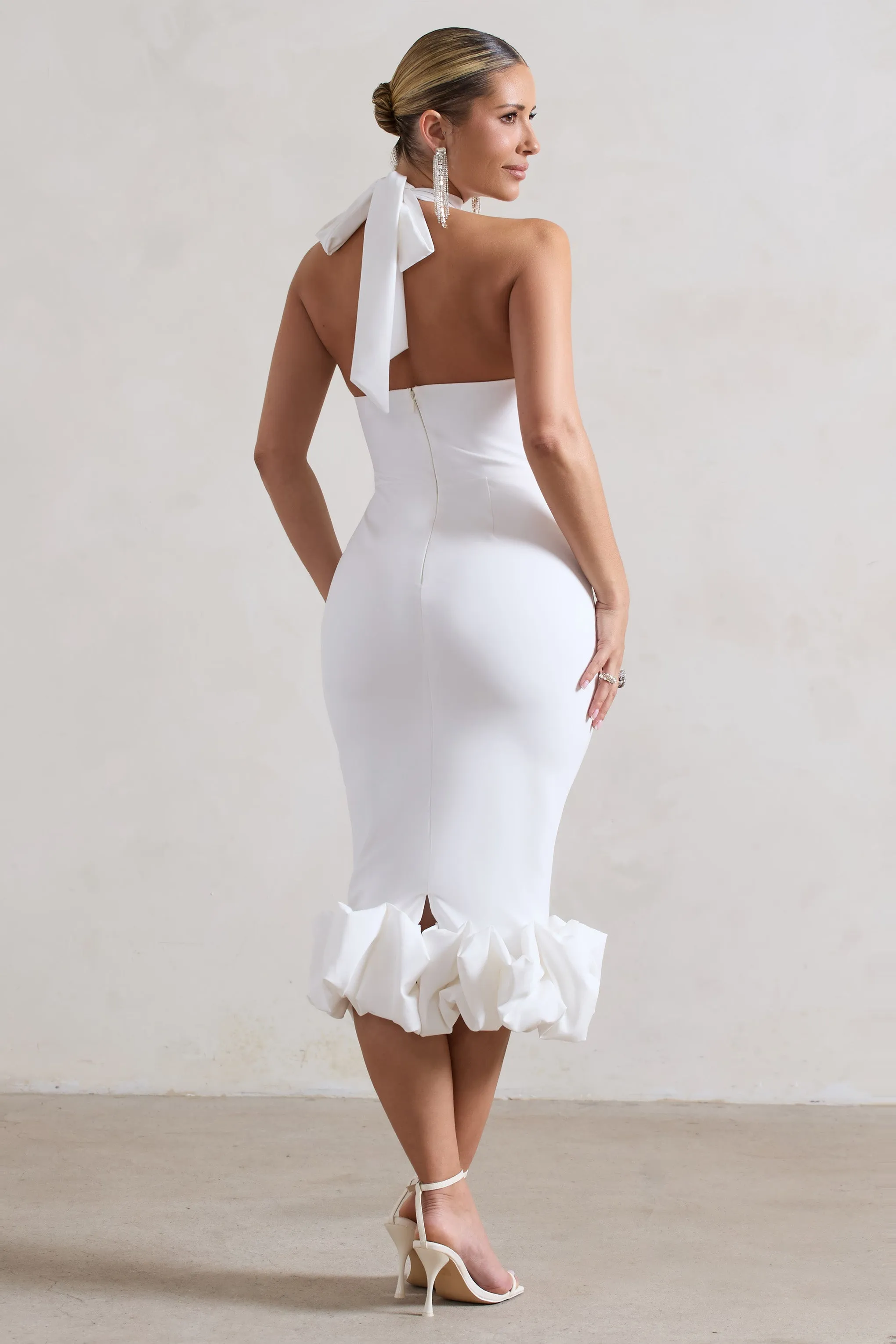 Ashton | White High-Neck Midi Dress With Ruffle Hem