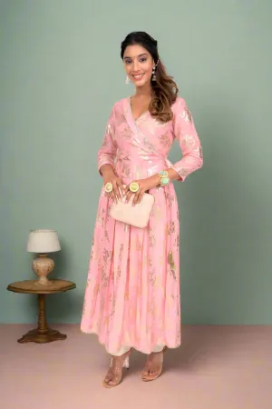 Baby Pink Foil Print Mul Silk Anarkali Kurta