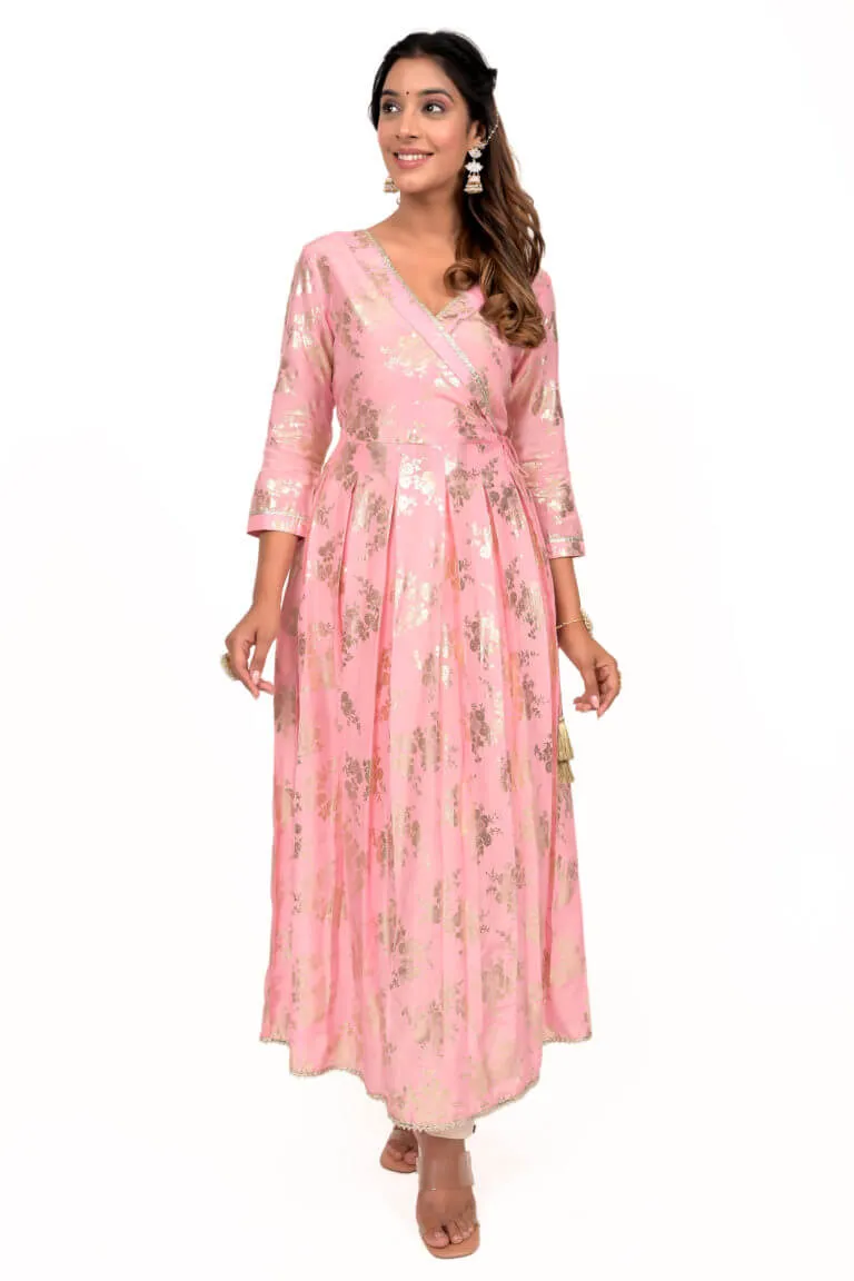 Baby Pink Foil Print Mul Silk Anarkali Kurta