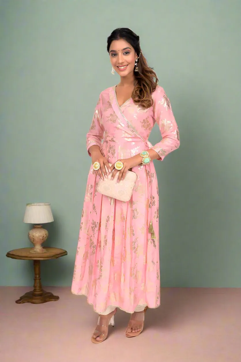 Baby Pink Foil Print Mul Silk Anarkali Kurta