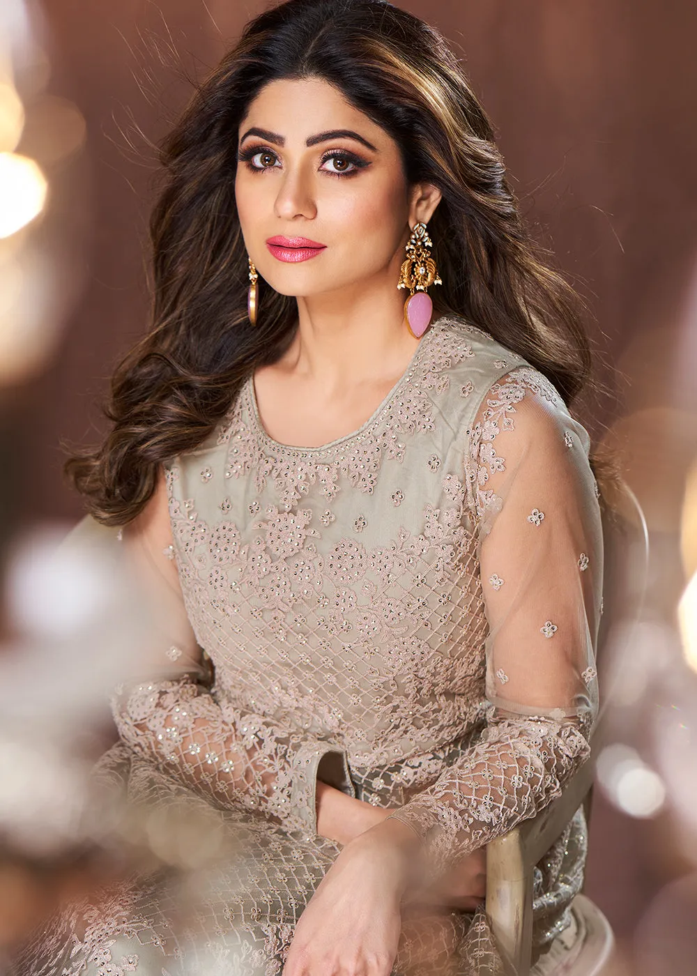 Beige All Over Embroidered Shamita Shetty Gown