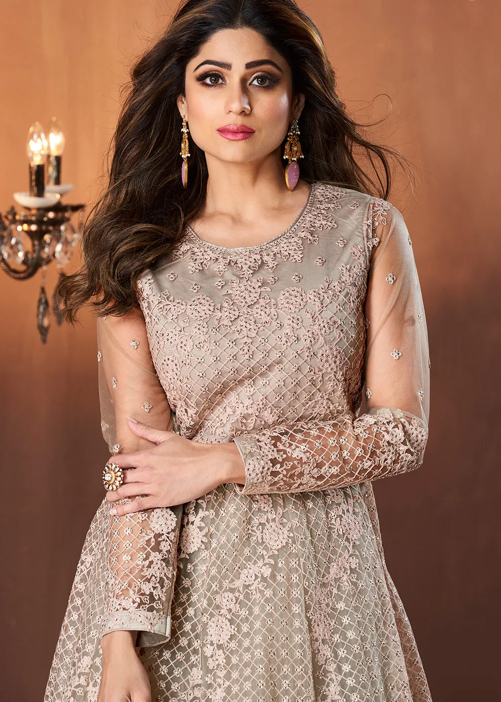 Beige All Over Embroidered Shamita Shetty Gown